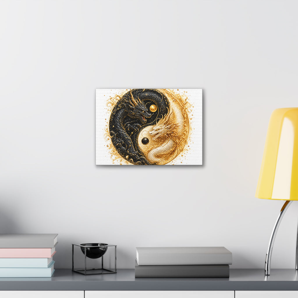 Yin Yang Dragon Canvas Print — Gold & Black Fantasy Wall Art
