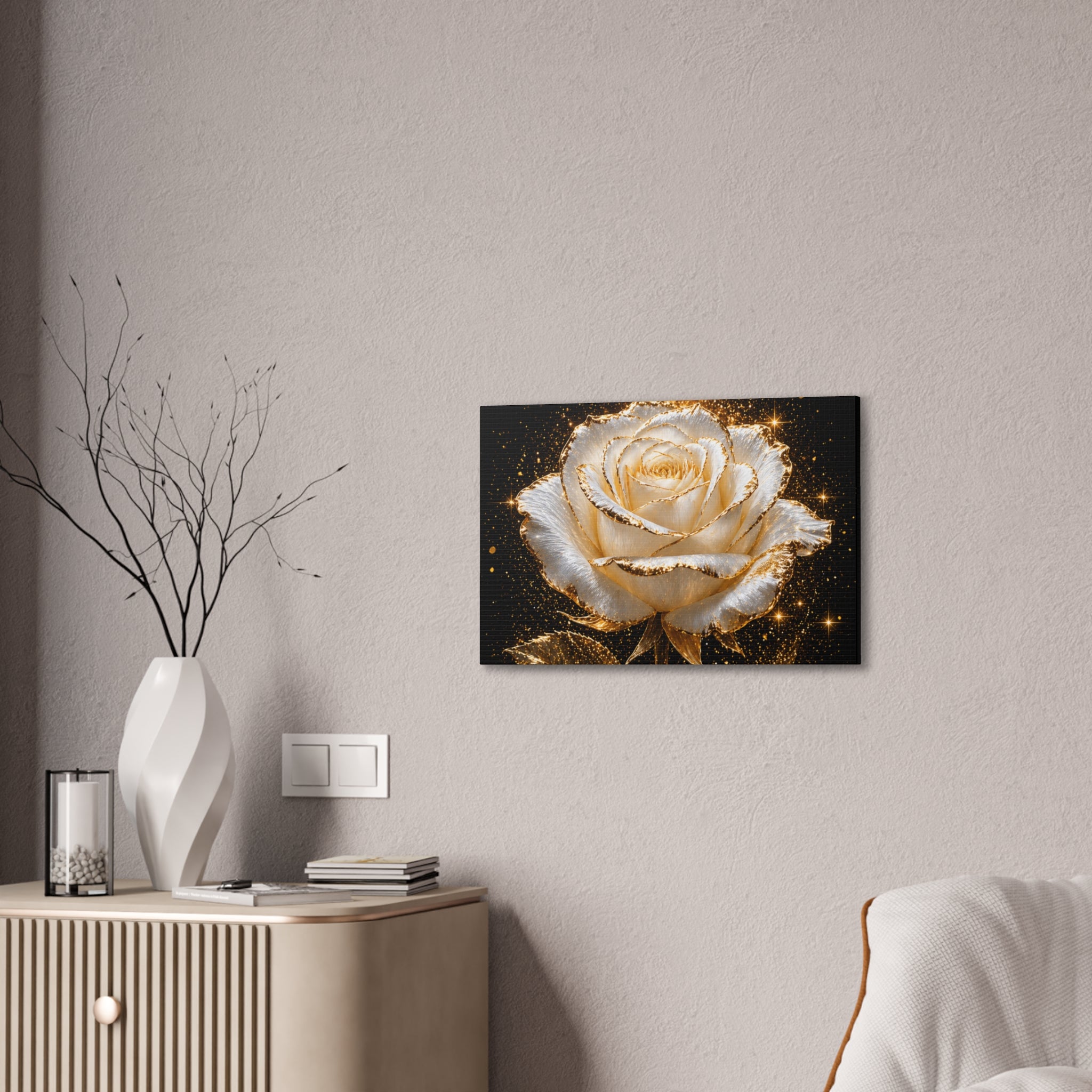 Golden Sparkle Rose Canvas Print — Glam Floral Wall Art