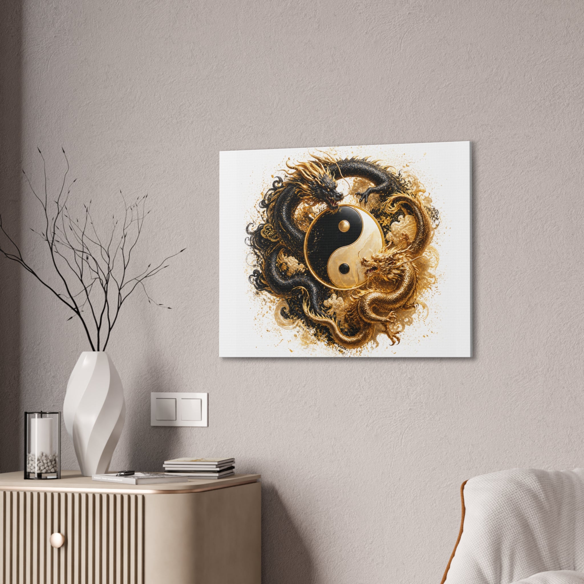 Yin Yang Dragons Canvas Wall Art — Gold & Black Chinese Dragon Print