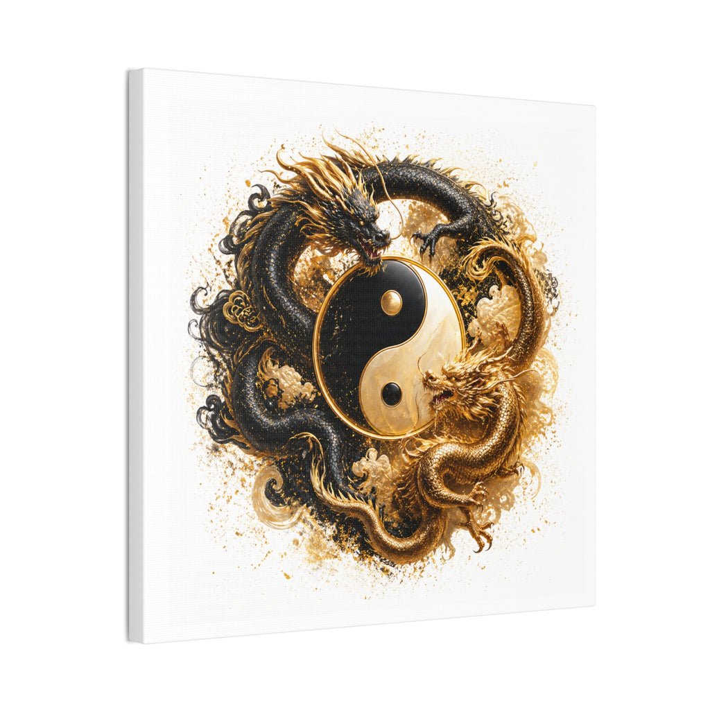 Yin Yang Dragons Canvas Wall Art — Gold & Black Chinese Dragon Print