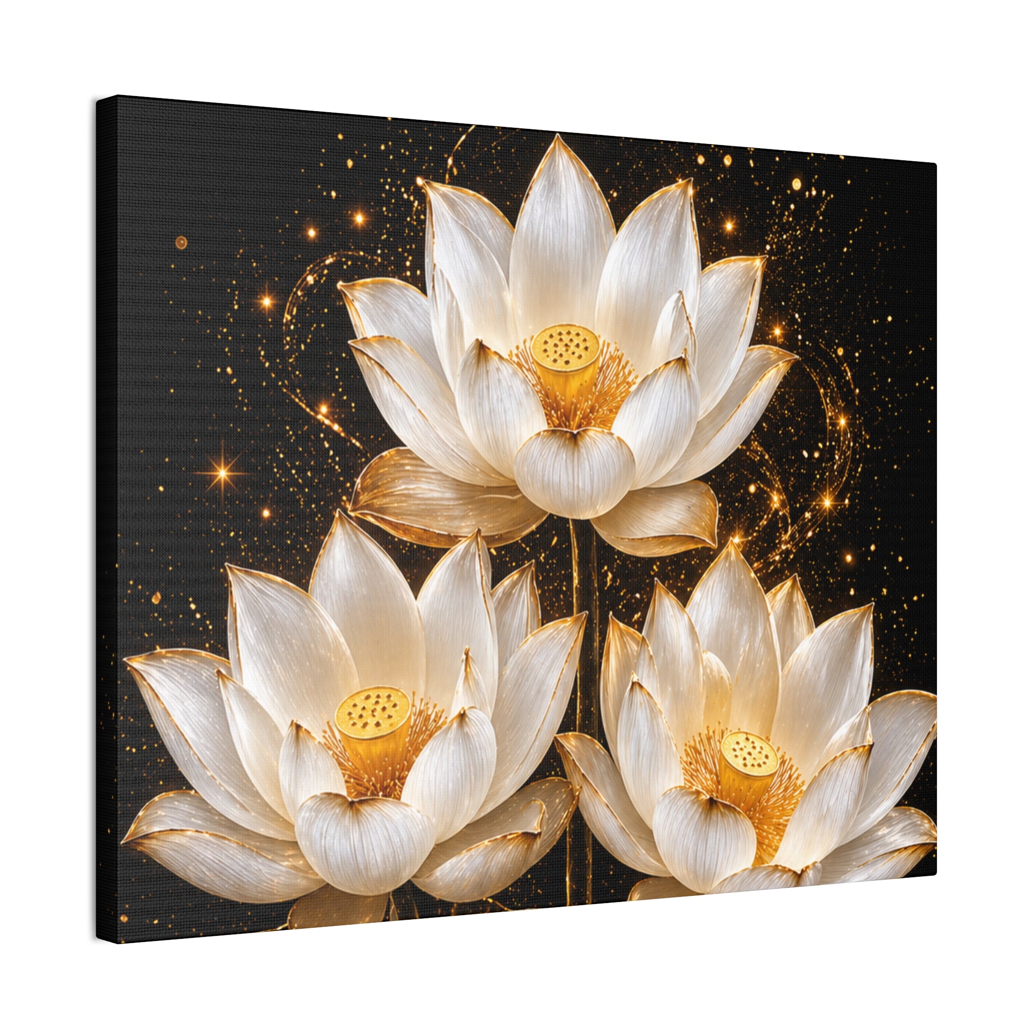 Gold and White Triple Lotus Floral Canvas Wall Art - Stretched 0.75"