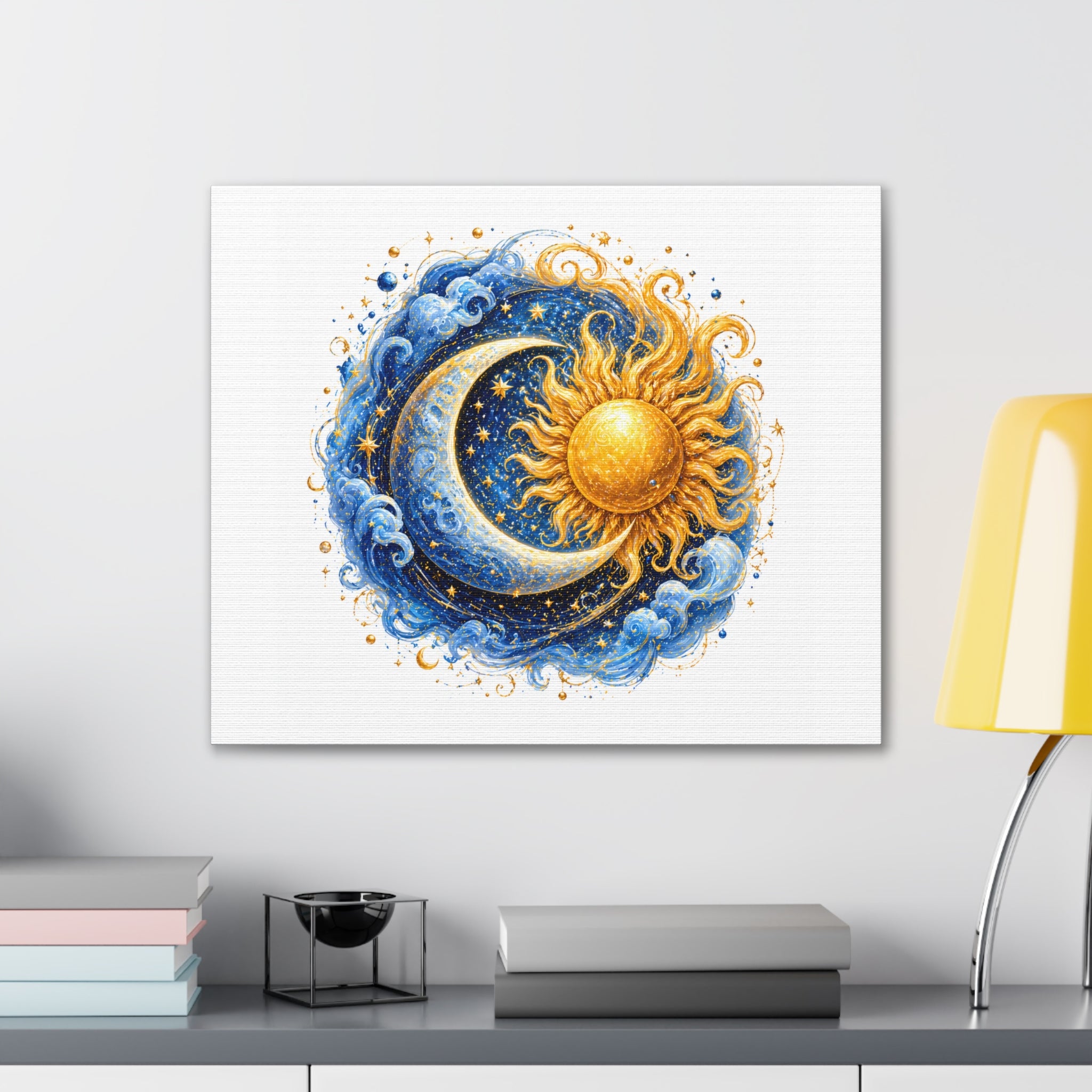 Sun and Moon Wall Art Canvas — Celestial Sun & Crescent Moon Stretched Canvas