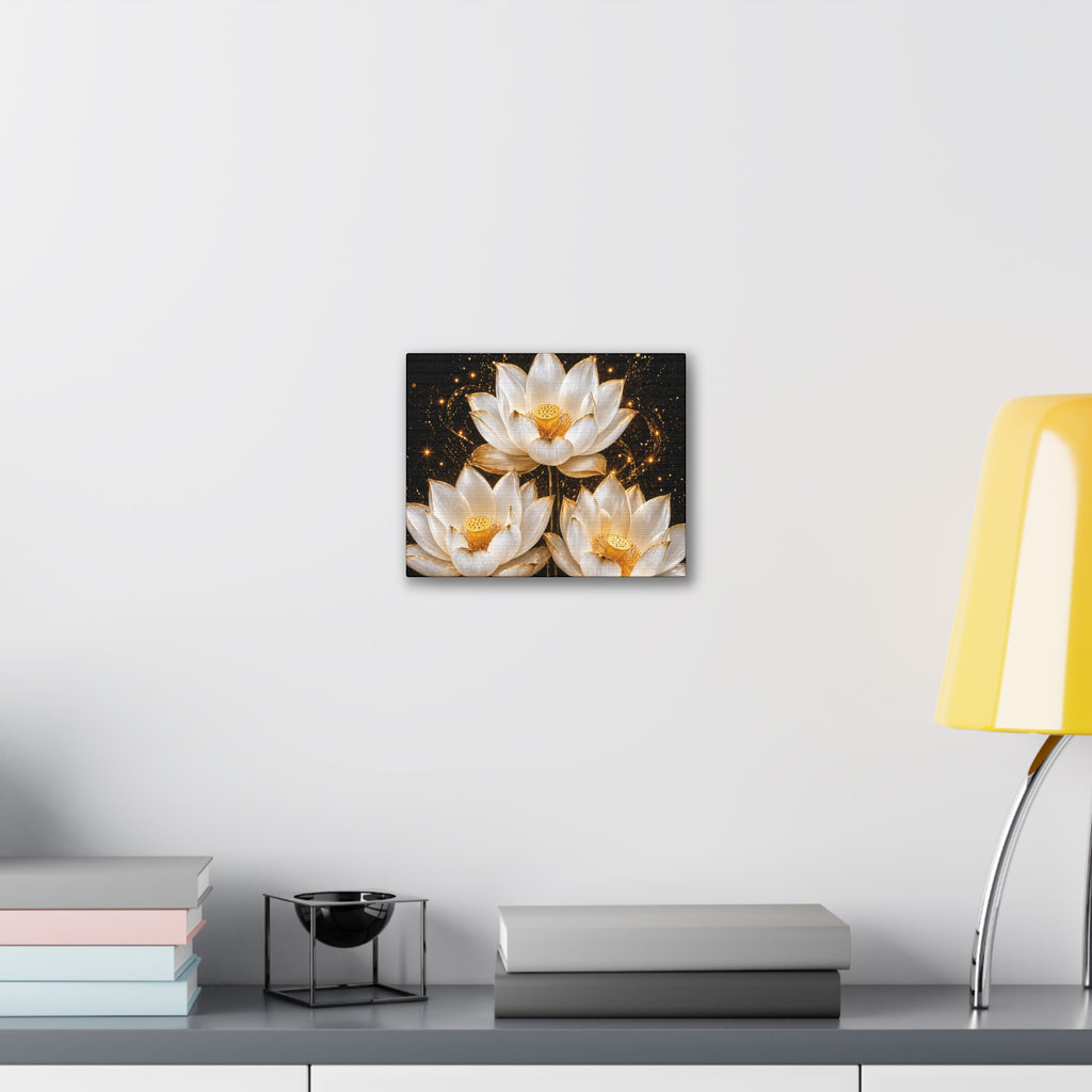 Gold and White Triple Lotus Floral Canvas Wall Art - Stretched 0.75"