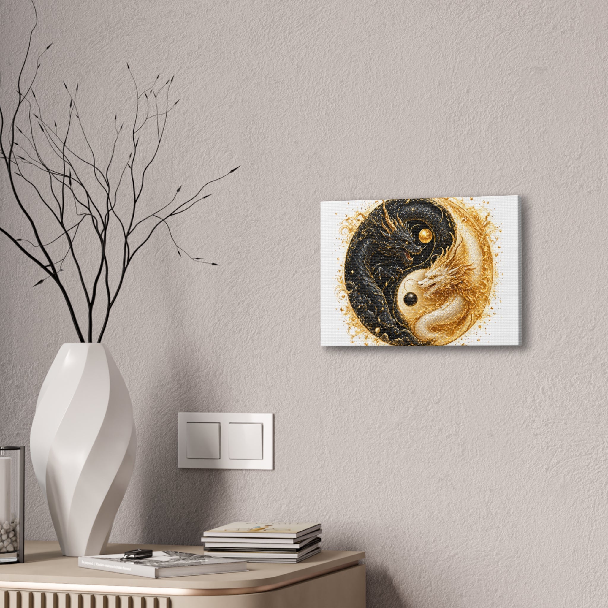 Yin Yang Dragon Canvas Print — Gold & Black Fantasy Wall Art