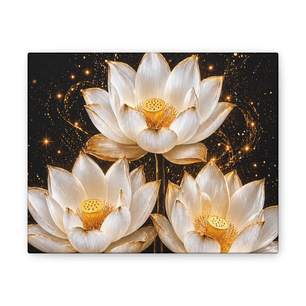 Gold and White Triple Lotus Floral Canvas Wall Art - Stretched 0.75"