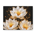 Gold and White Triple Lotus Floral Canvas Wall Art - Stretched 0.75"