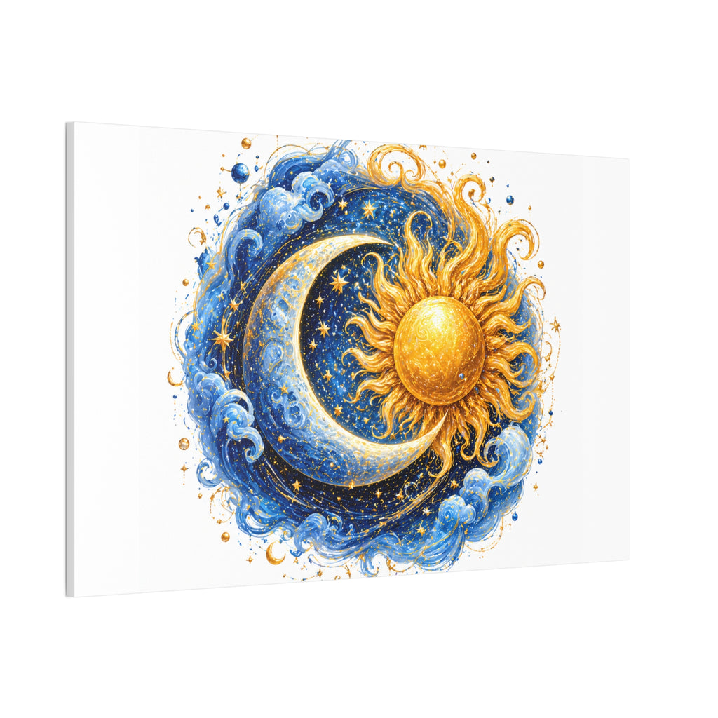 Sun and Moon Wall Art Canvas — Celestial Sun & Crescent Moon Stretched Canvas