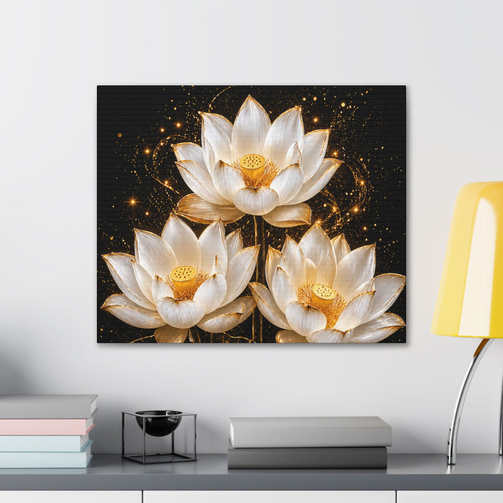 Gold and White Triple Lotus Floral Canvas Wall Art - Stretched 0.75"