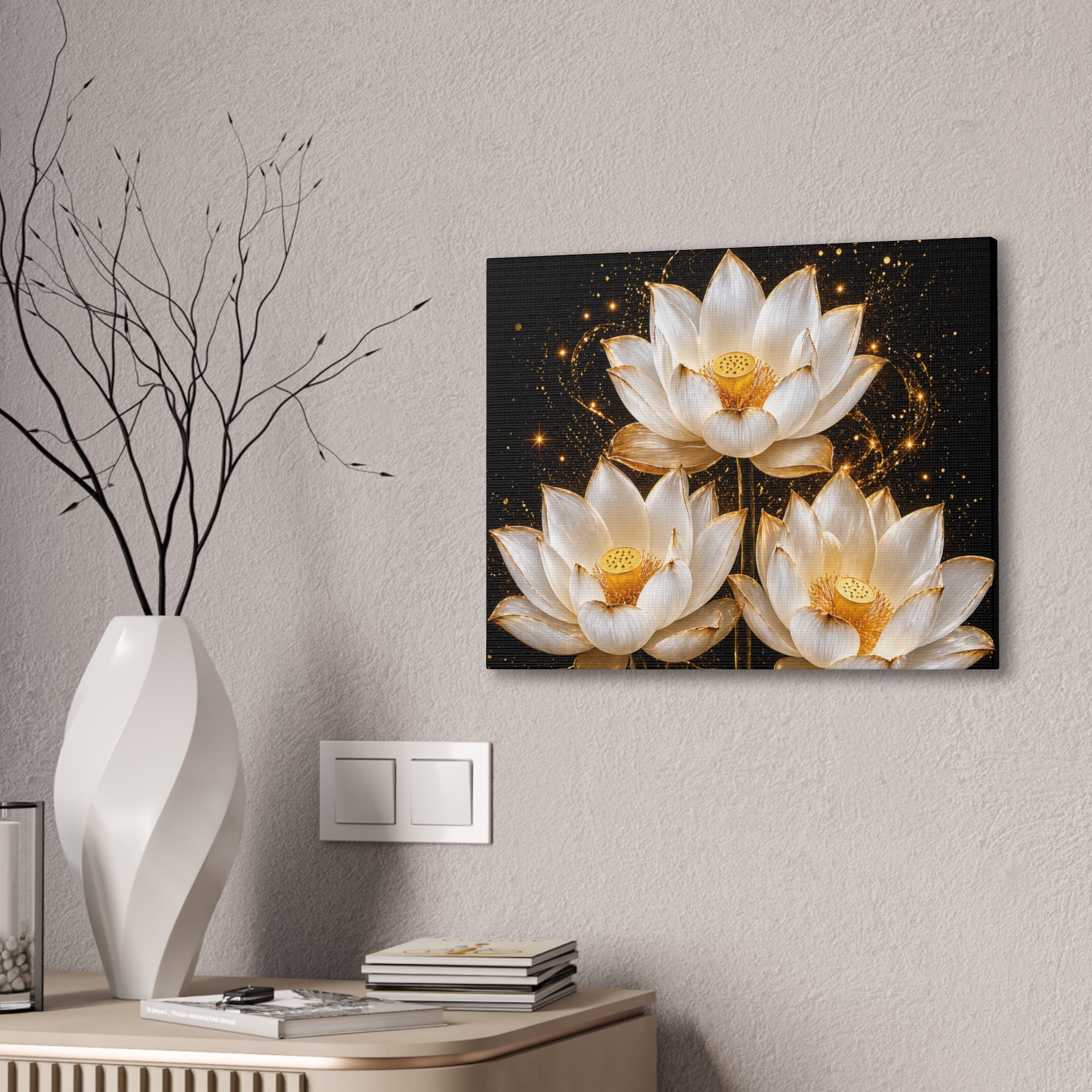 Gold and White Triple Lotus Floral Canvas Wall Art - Stretched 0.75"