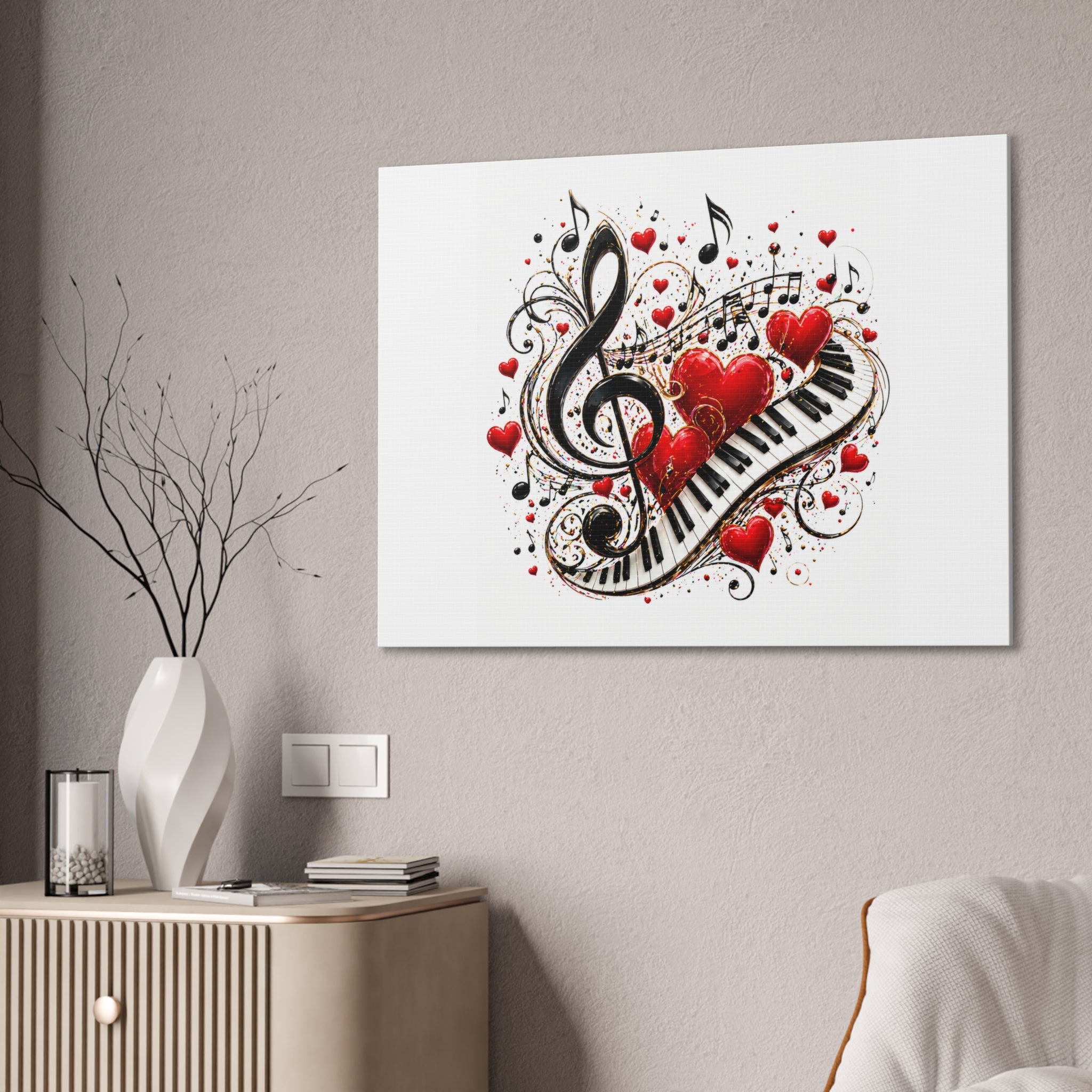 Canvas Print - Musical Hearts Treble Clef & Piano Wall Art (Valentine Music Gift)