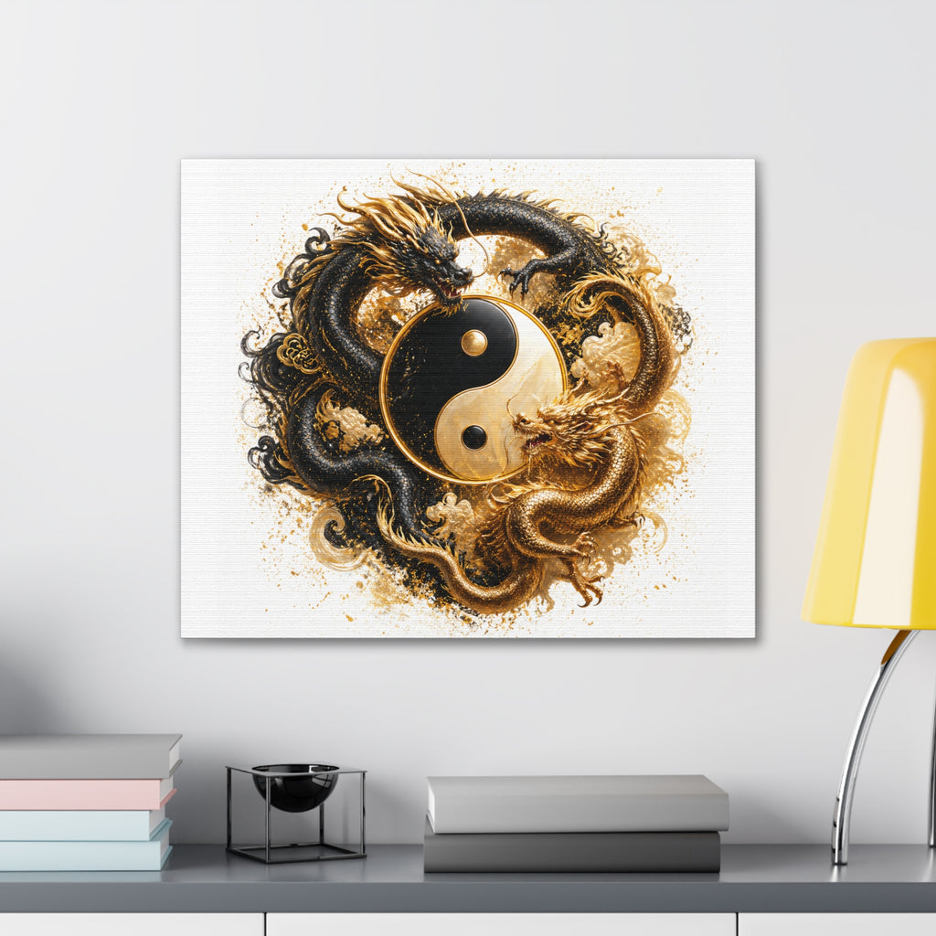 Yin Yang Dragons Canvas Wall Art — Gold & Black Chinese Dragon Print