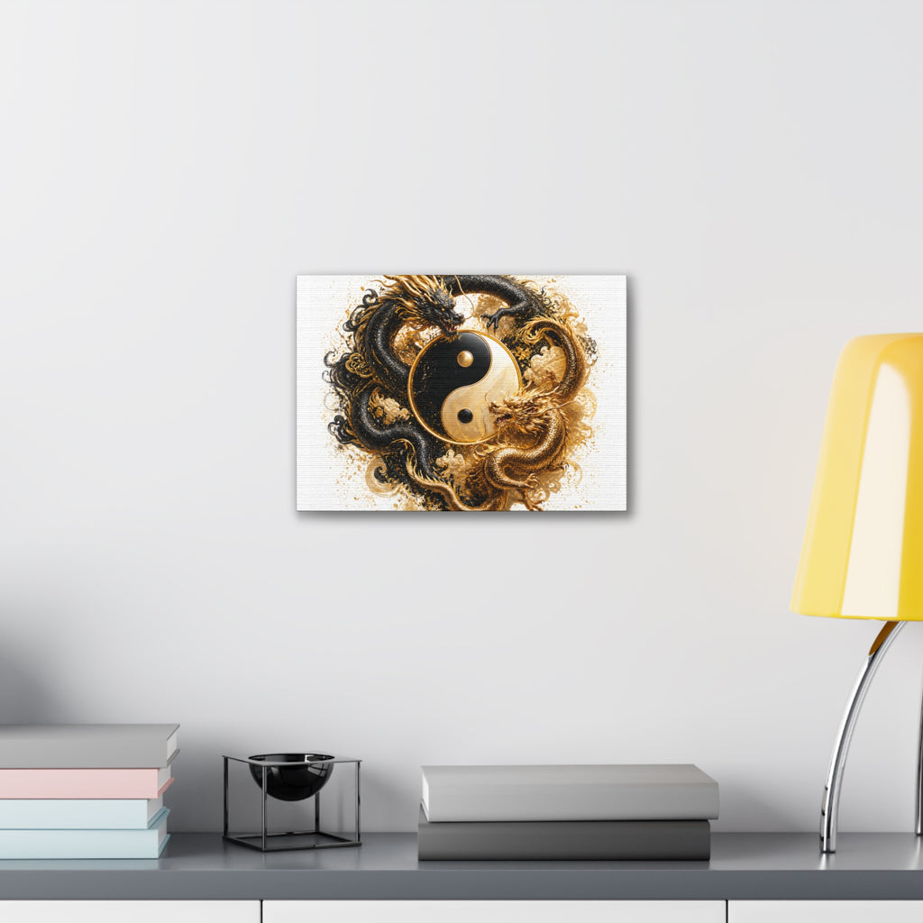 Yin Yang Dragons Canvas Wall Art — Gold & Black Chinese Dragon Print
