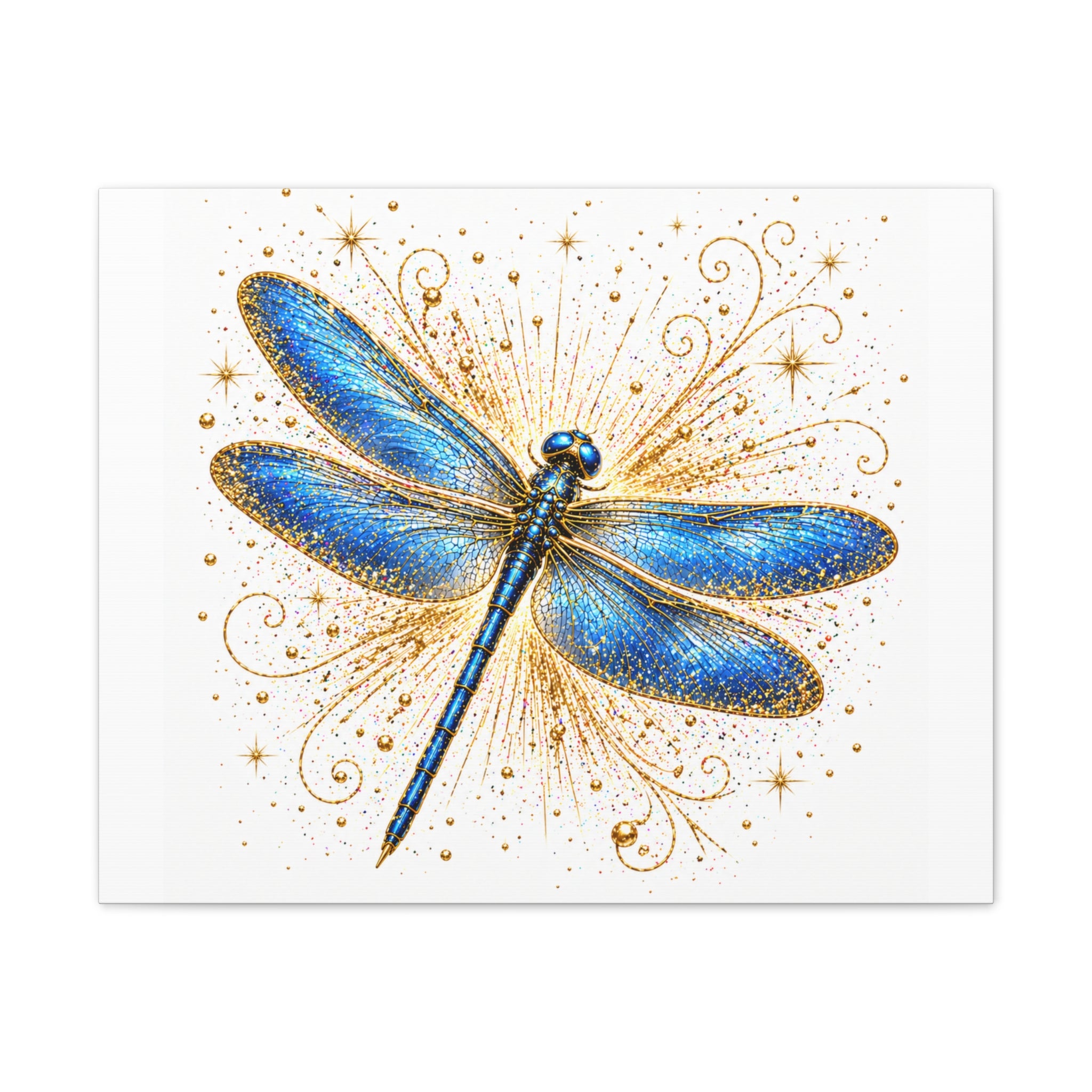 Blue Dragonfly Canvas Wall Art - Sparkling Gold Accents, Stretched 0.75"