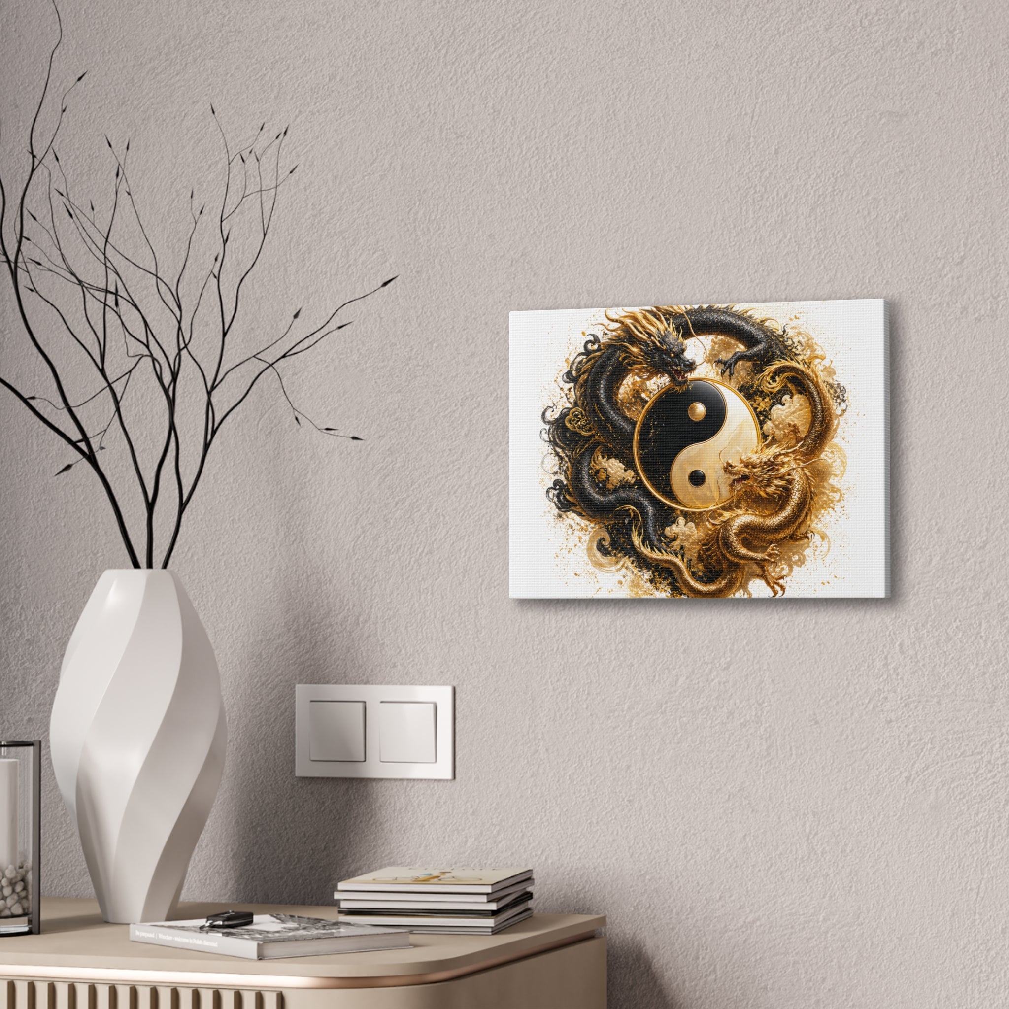 Yin Yang Dragons Canvas Wall Art — Gold & Black Chinese Dragon Print