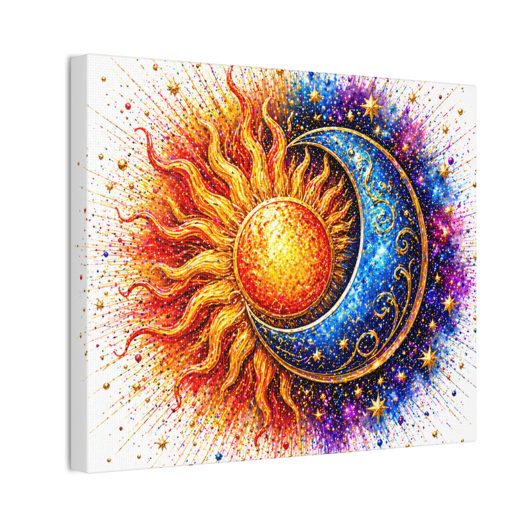 Sun and Moon Wall Art Canvas – Vibrant Celestial Sun & Crescent Moon Stretched Canvas