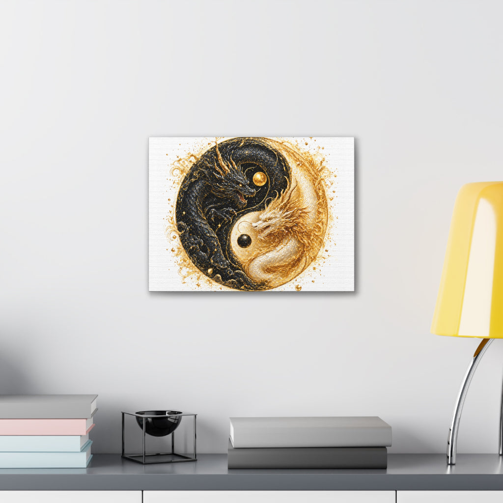 Yin Yang Dragon Canvas Print — Gold & Black Fantasy Wall Art