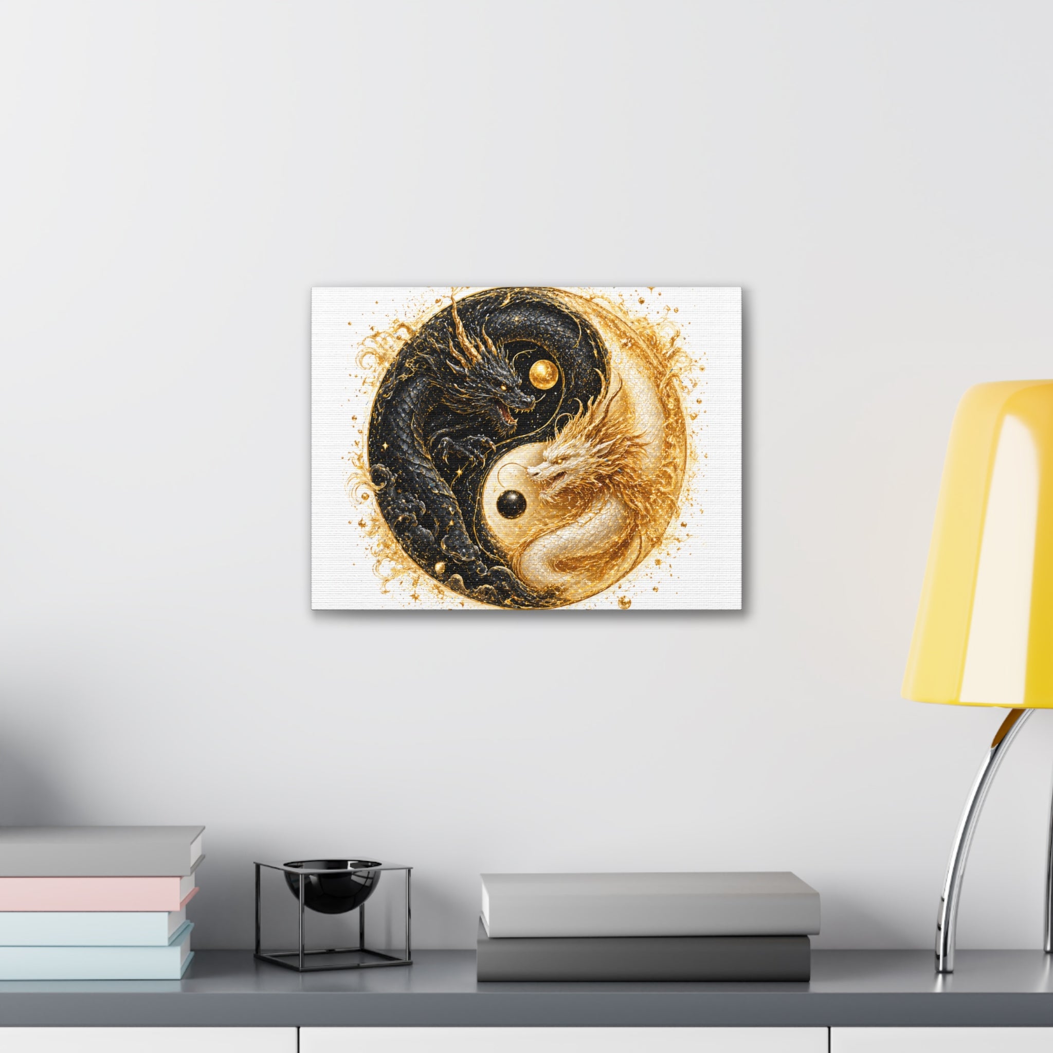 Yin Yang Dragon Canvas Print — Gold & Black Fantasy Wall Art