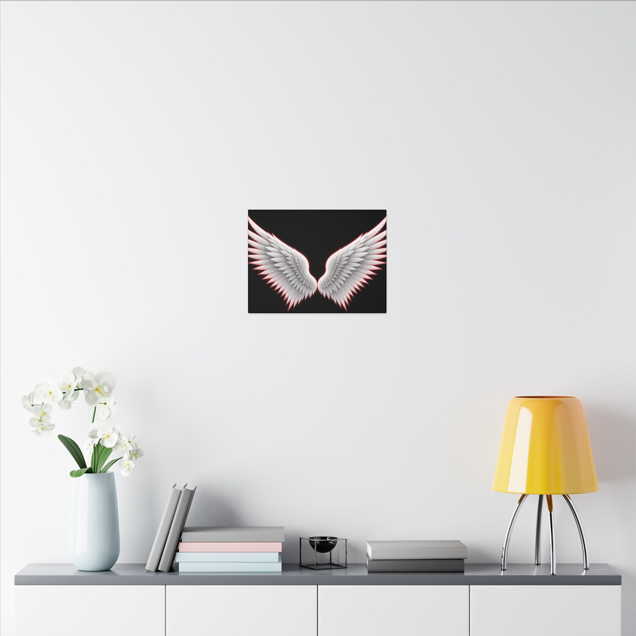 Angel Wings Wall Art Canvas — White Feather Wings on Black Matte Stretched Canvas