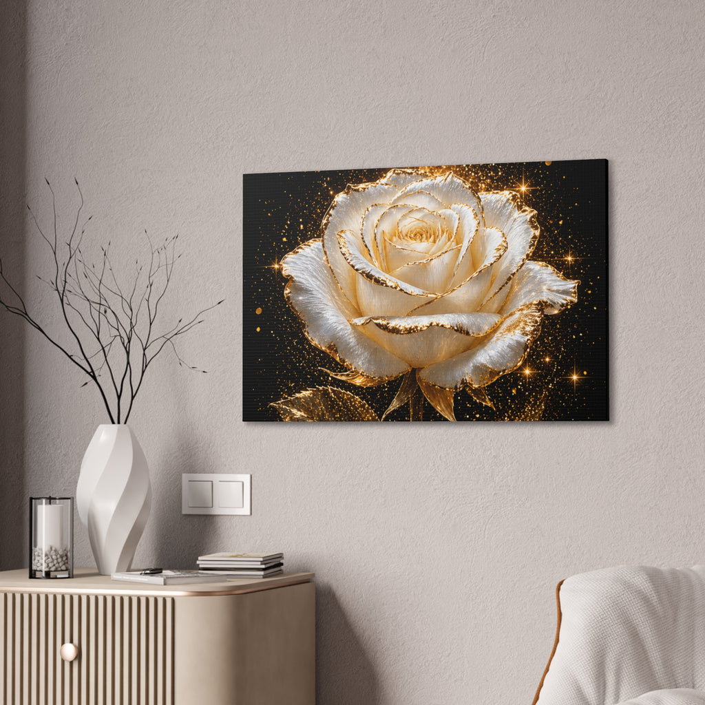 Golden Sparkle Rose Canvas Print — Glam Floral Wall Art