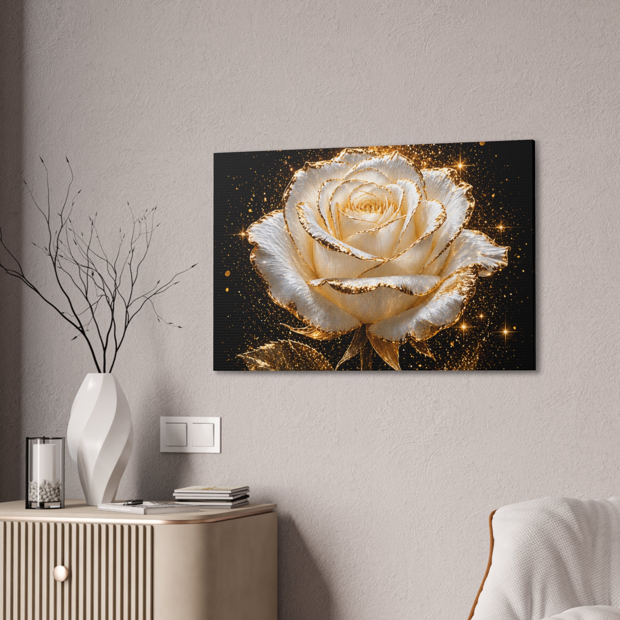 Golden Sparkle Rose Canvas Print — Glam Floral Wall Art