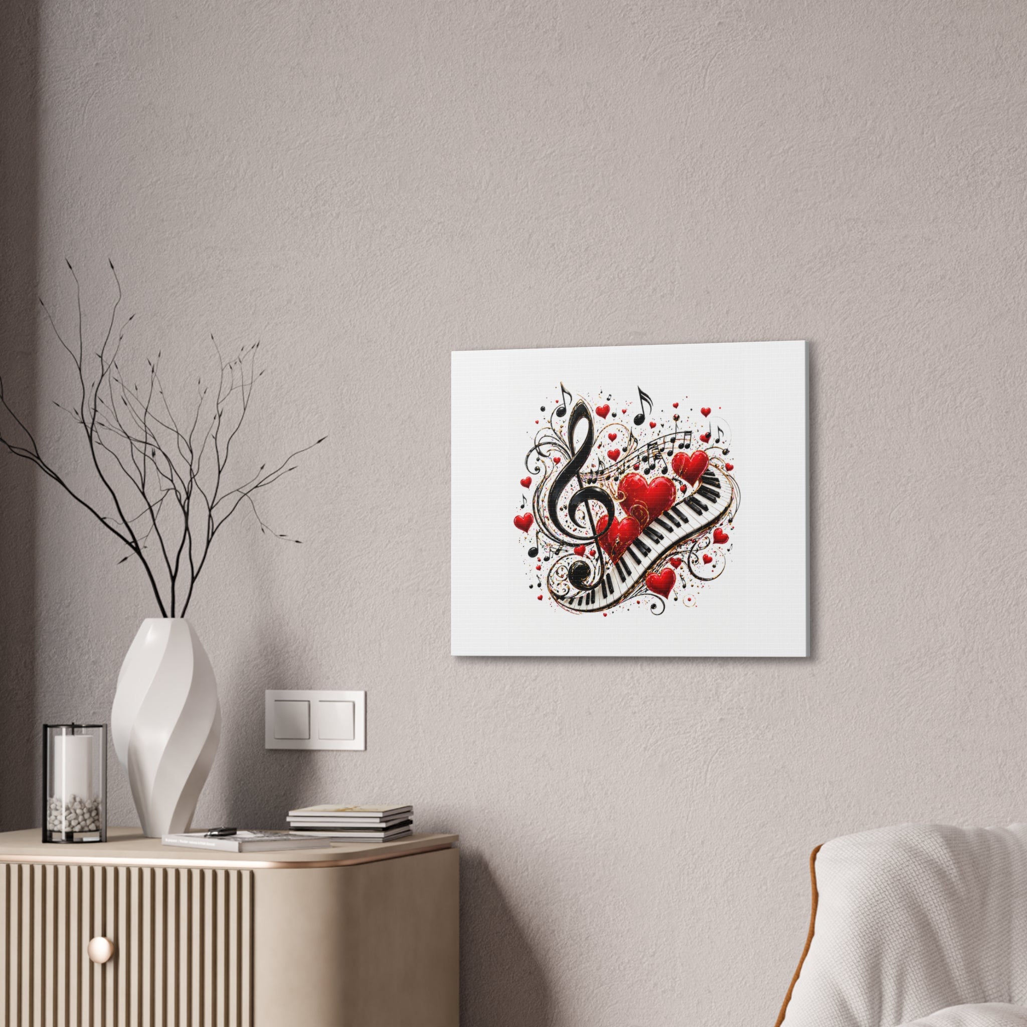 Canvas Print - Musical Hearts Treble Clef & Piano Wall Art (Valentine Music Gift)