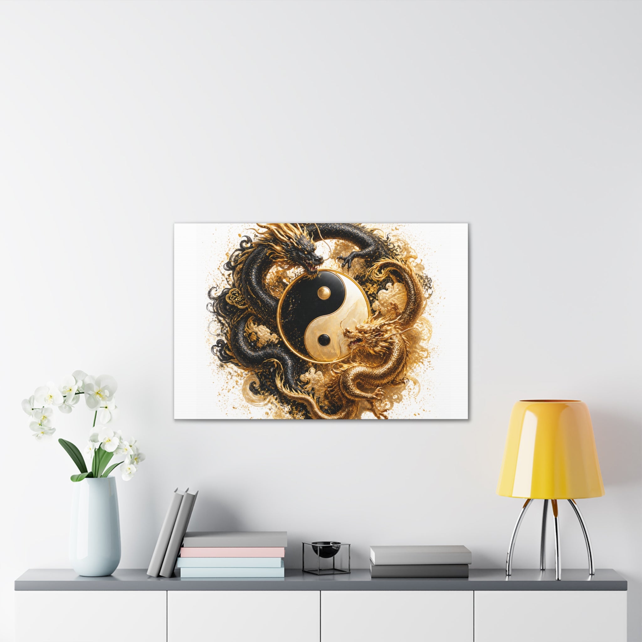 Yin Yang Dragons Canvas Wall Art — Gold & Black Chinese Dragon Print