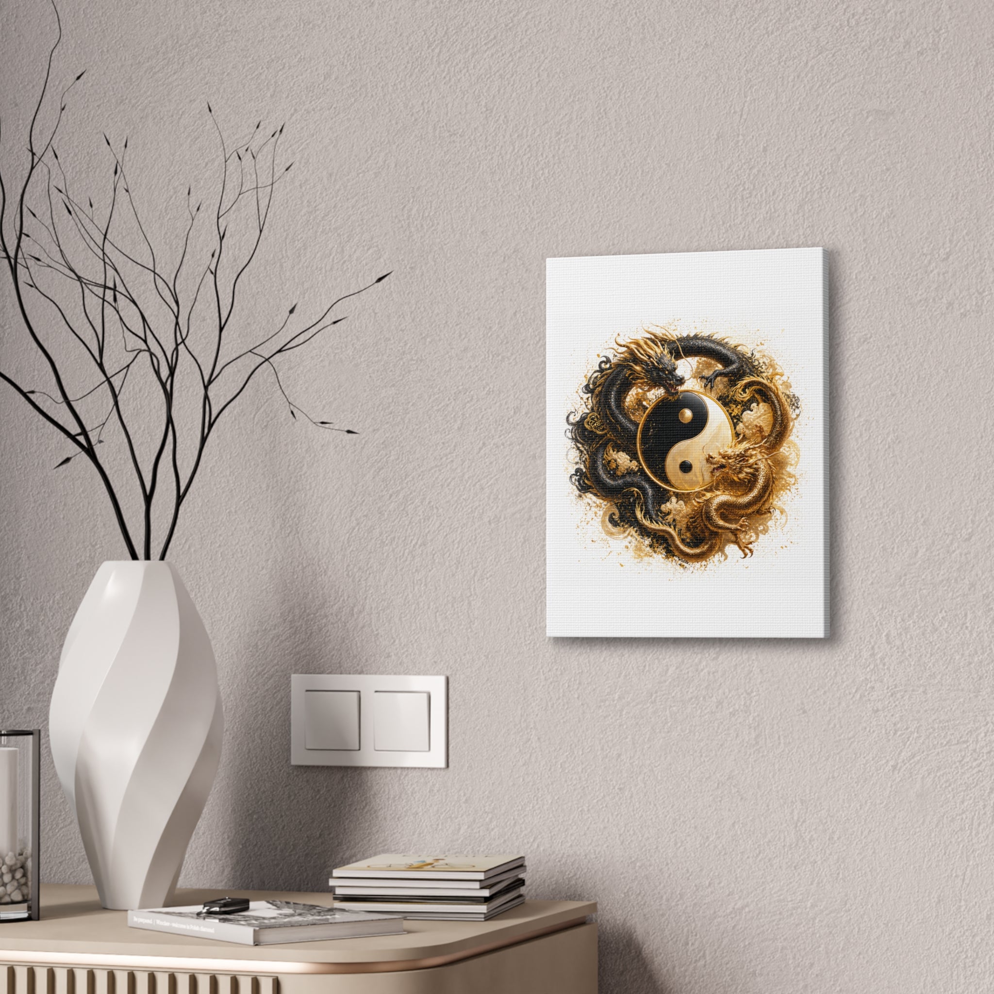 Yin Yang Dragons Canvas Wall Art — Gold & Black Chinese Dragon Print