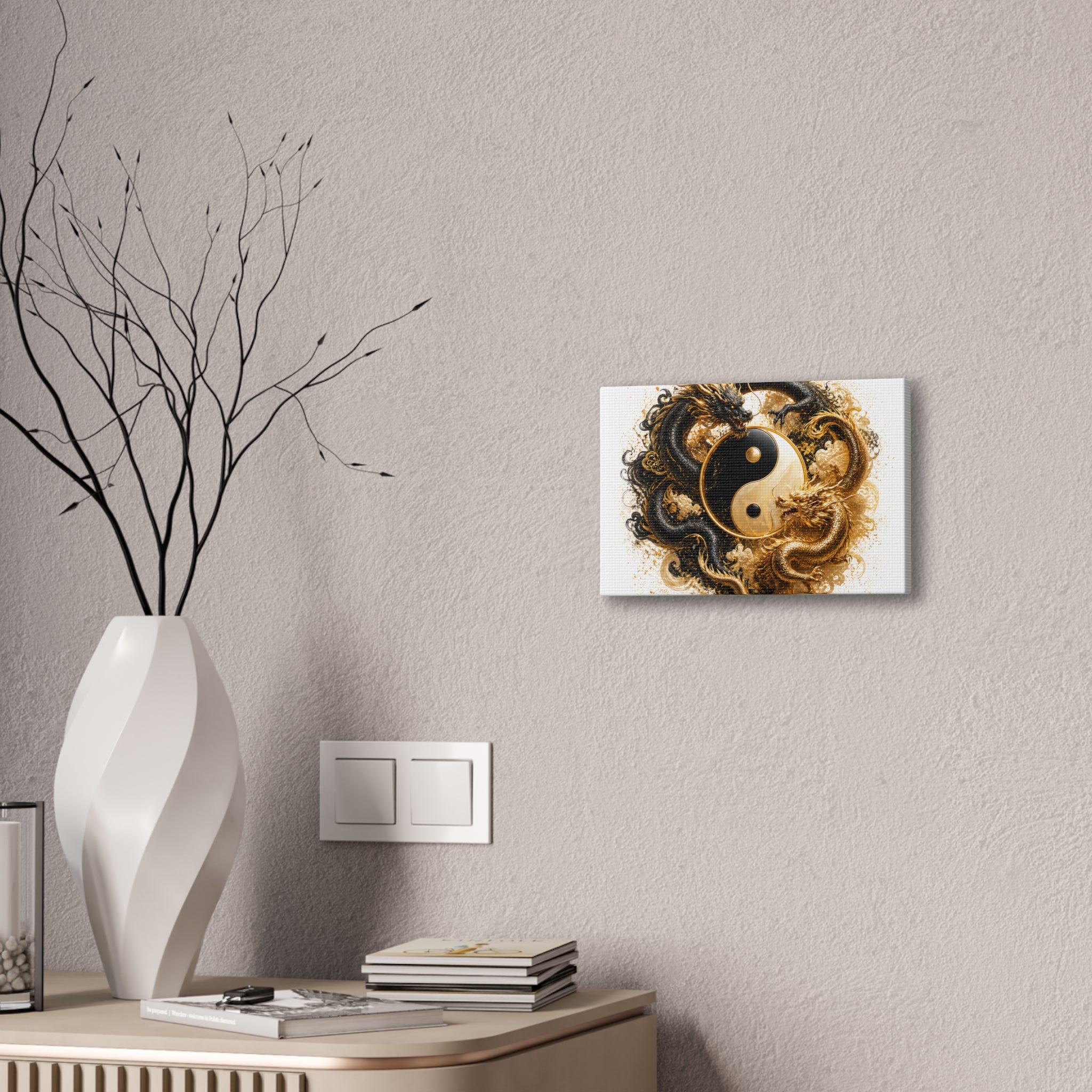 Yin Yang Dragons Canvas Wall Art — Gold & Black Chinese Dragon Print