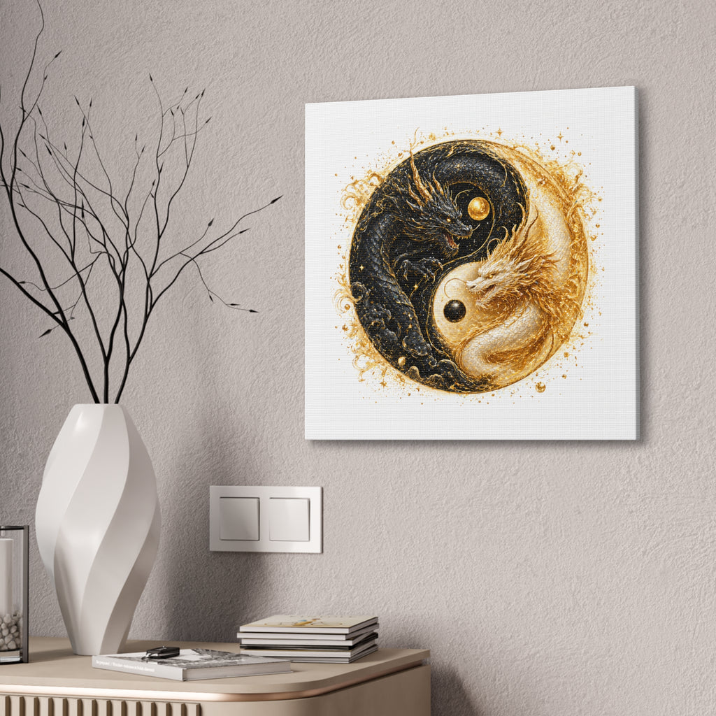 Yin Yang Dragon Canvas Print — Gold & Black Fantasy Wall Art