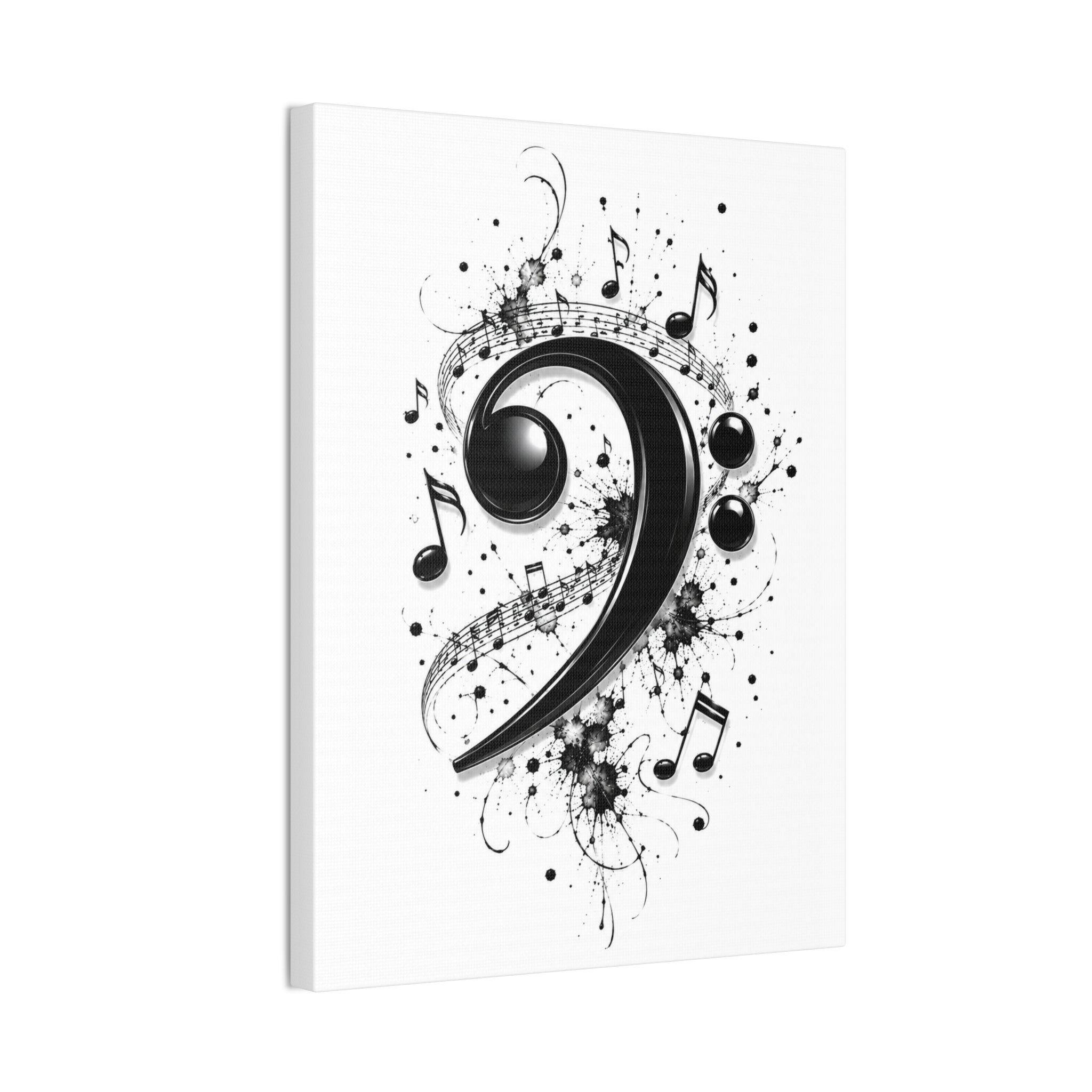 Bass Clef Music Canvas Wall Art — Black & White Musical Notes Print