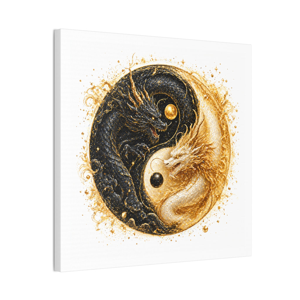 Yin Yang Dragon Canvas Print — Gold & Black Fantasy Wall Art
