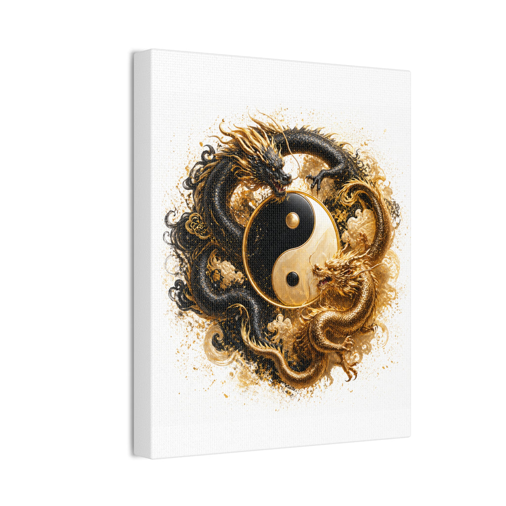 Yin Yang Dragons Canvas Wall Art — Gold & Black Chinese Dragon Print