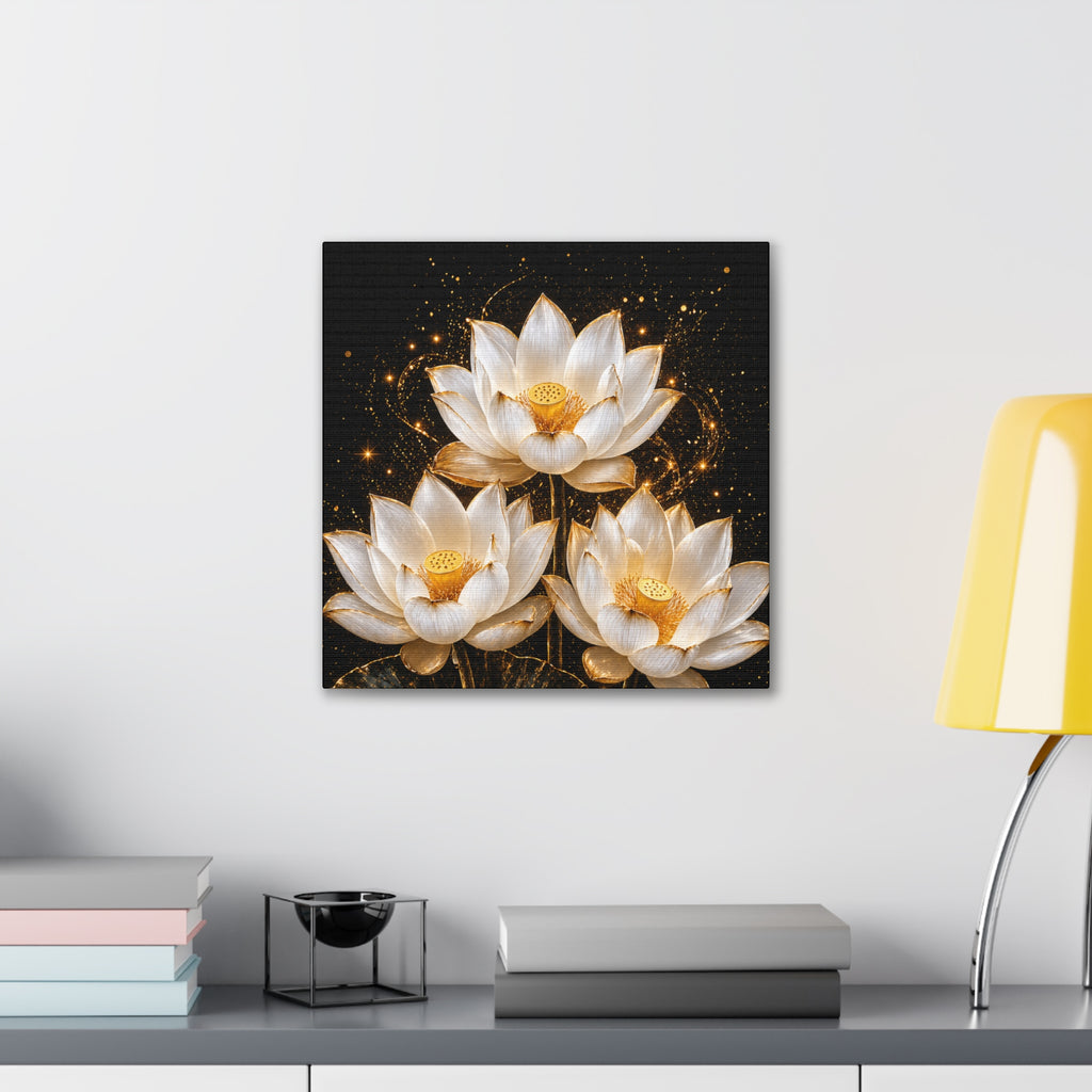 Gold and White Triple Lotus Floral Canvas Wall Art - Stretched 0.75"