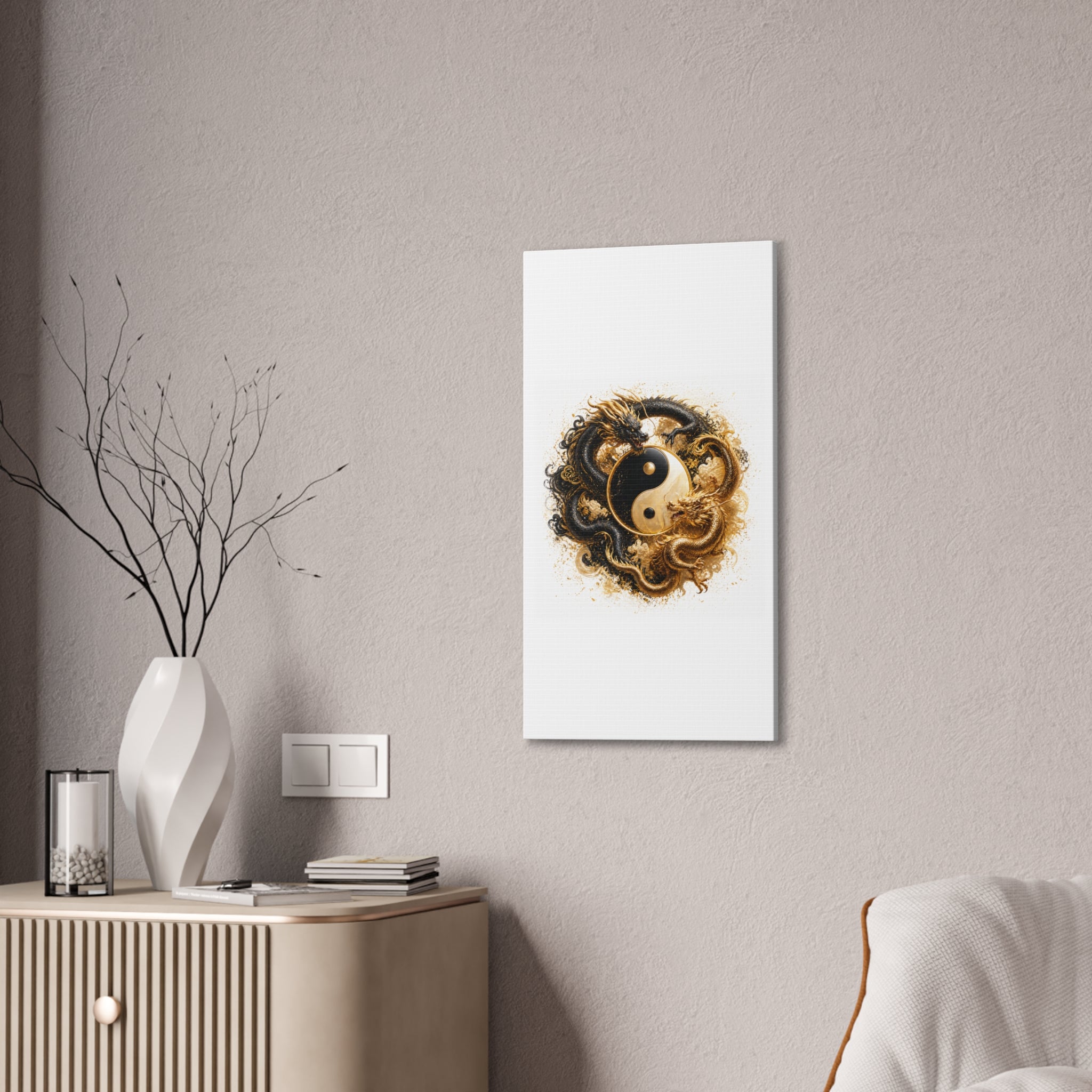 Yin Yang Dragons Canvas Wall Art — Gold & Black Chinese Dragon Print