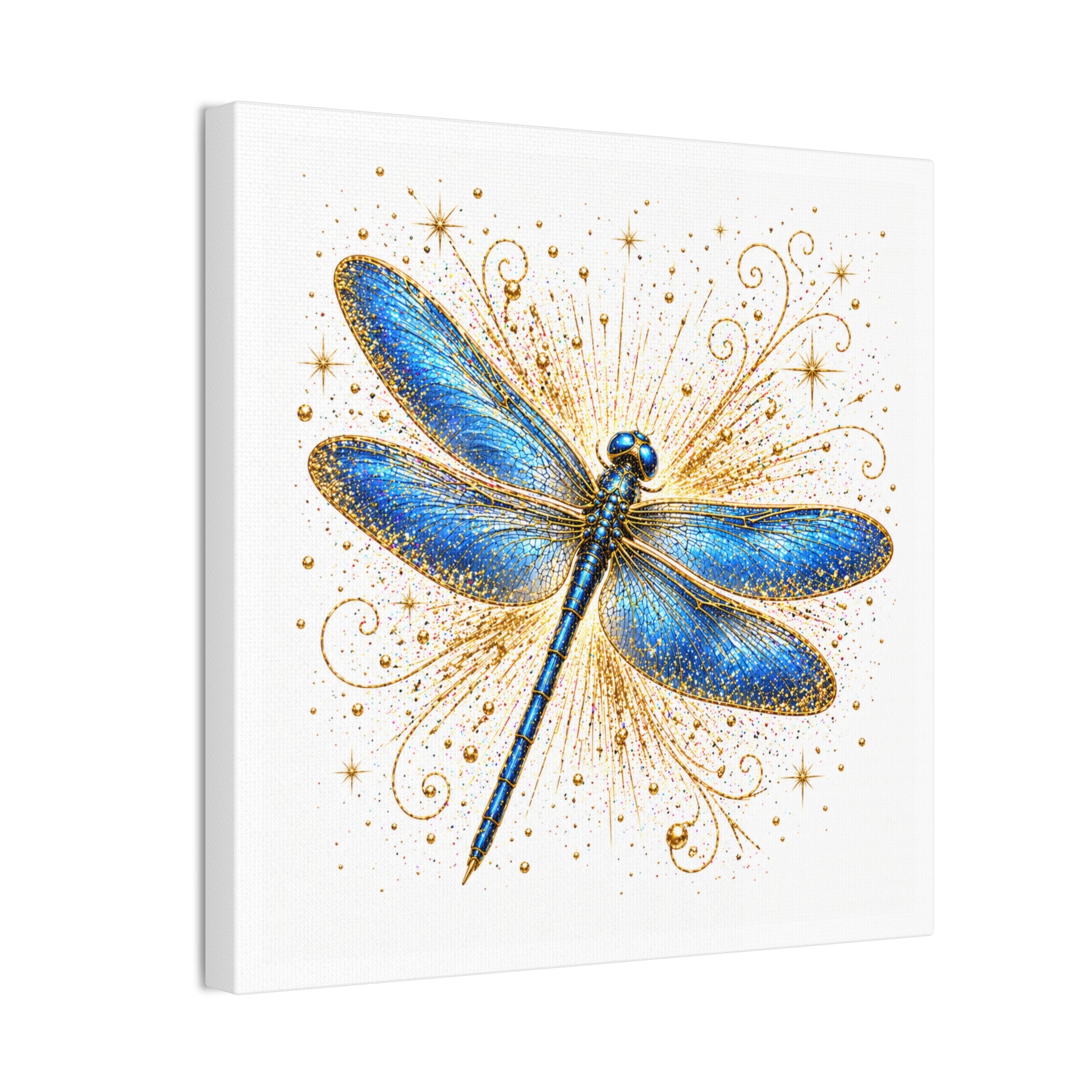 Blue Dragonfly Canvas Wall Art - Sparkling Gold Accents, Stretched 0.75"