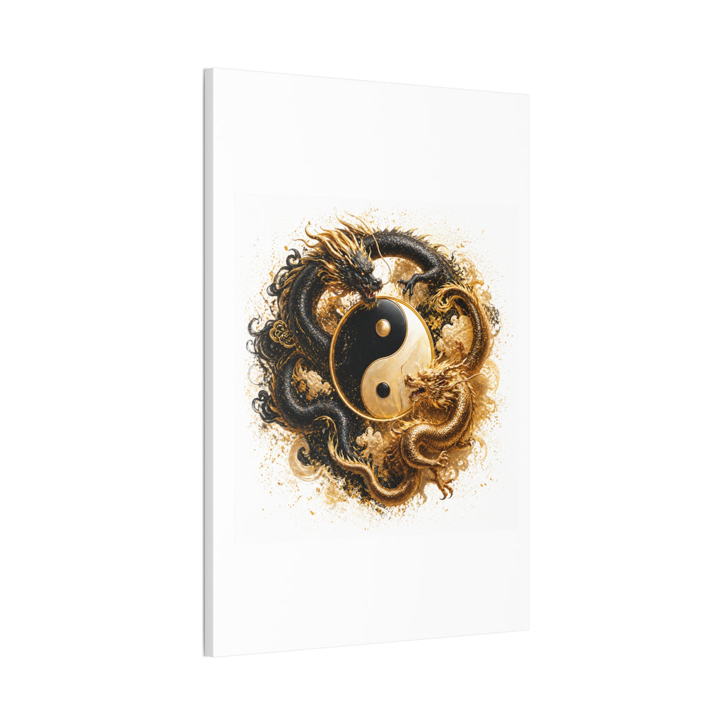Yin Yang Dragons Canvas Wall Art — Gold & Black Chinese Dragon Print