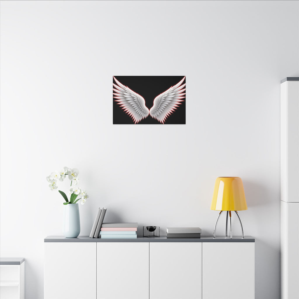 Angel Wings Wall Art Canvas — White Feather Wings on Black Matte Stretched Canvas