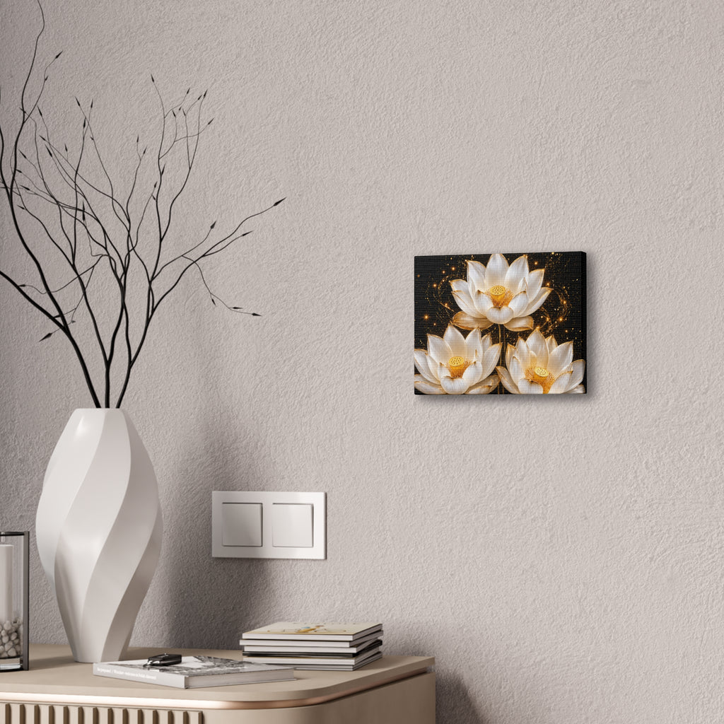 Gold and White Triple Lotus Floral Canvas Wall Art - Stretched 0.75"