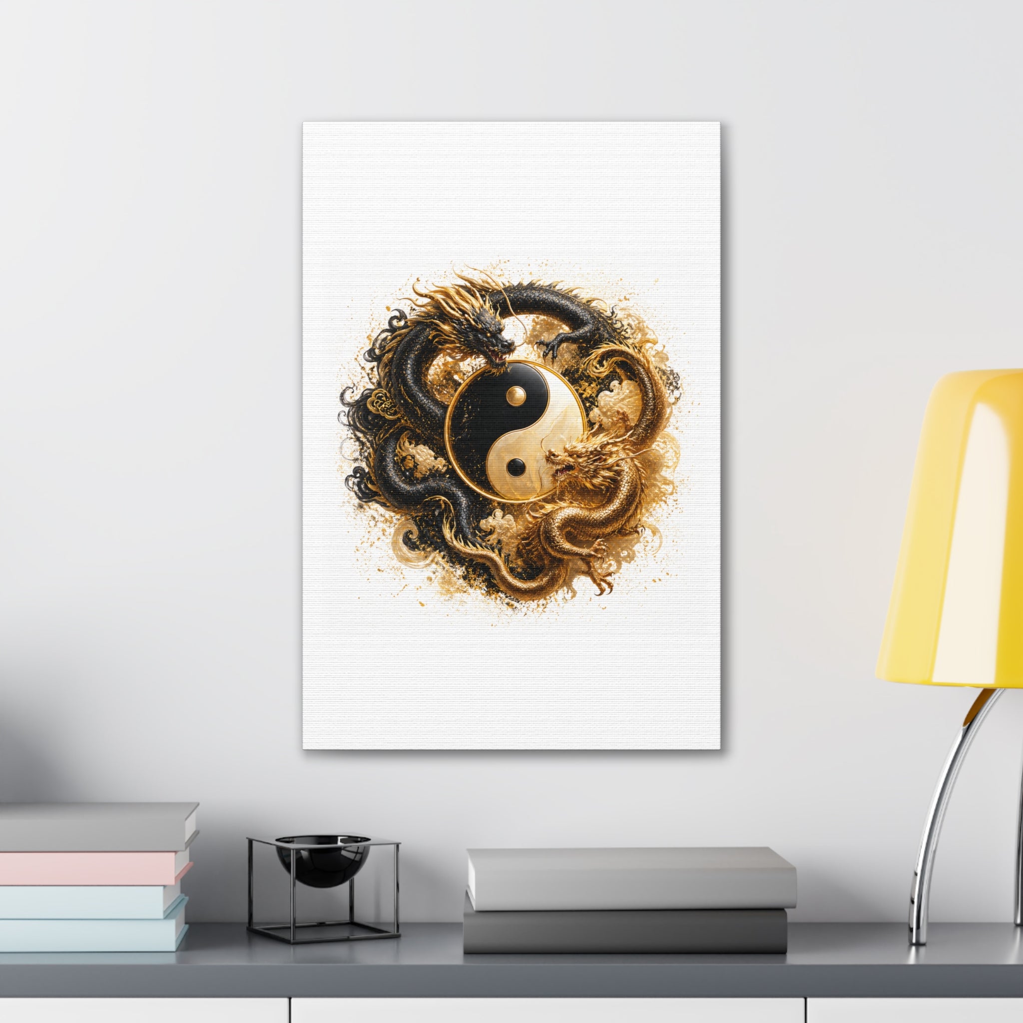Yin Yang Dragons Canvas Wall Art — Gold & Black Chinese Dragon Print