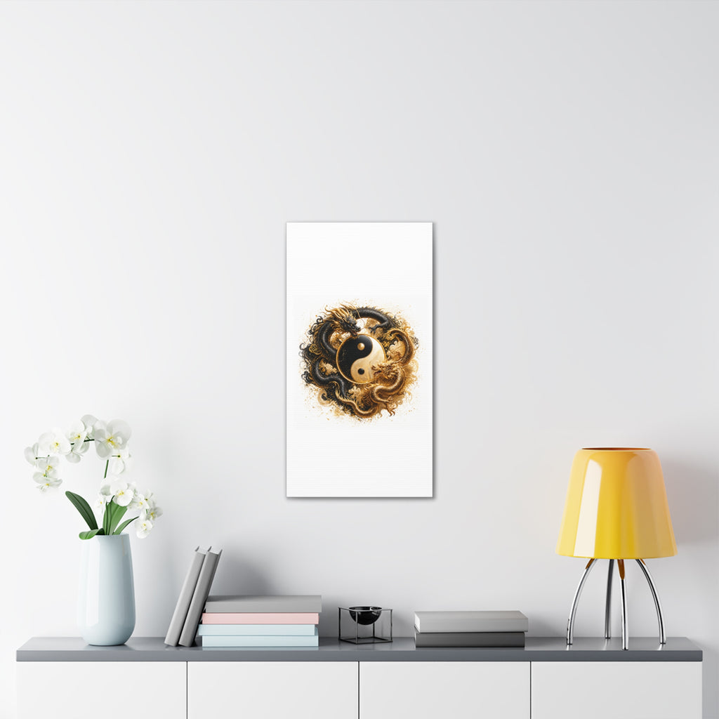 Yin Yang Dragons Canvas Wall Art — Gold & Black Chinese Dragon Print