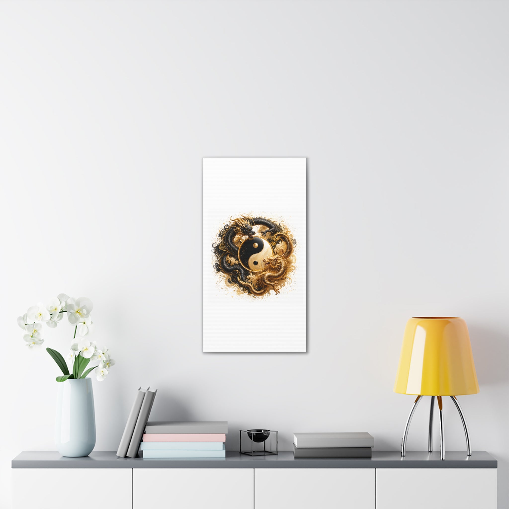 Yin Yang Dragons Canvas Wall Art — Gold & Black Chinese Dragon Print
