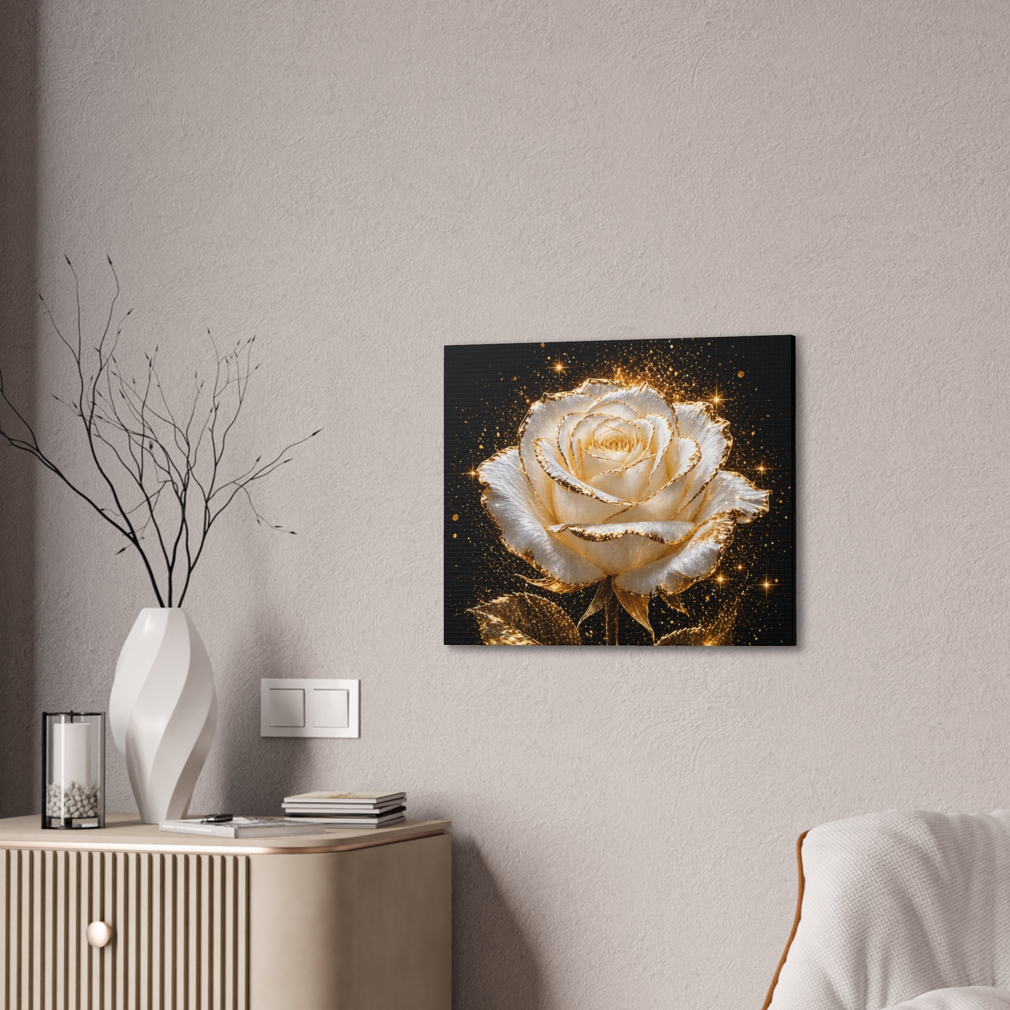 Golden Sparkle Rose Canvas Print — Glam Floral Wall Art