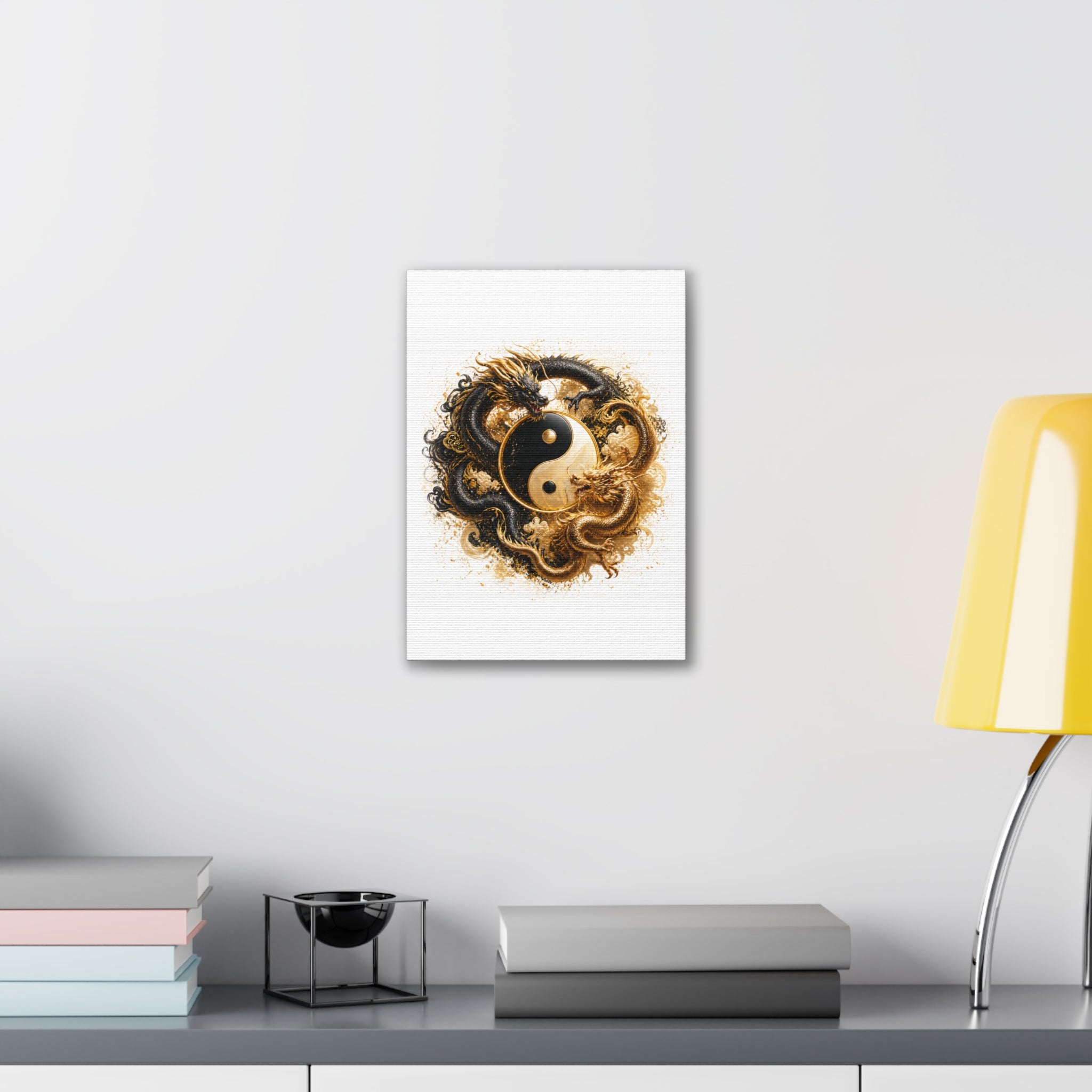 Yin Yang Dragons Canvas Wall Art — Gold & Black Chinese Dragon Print