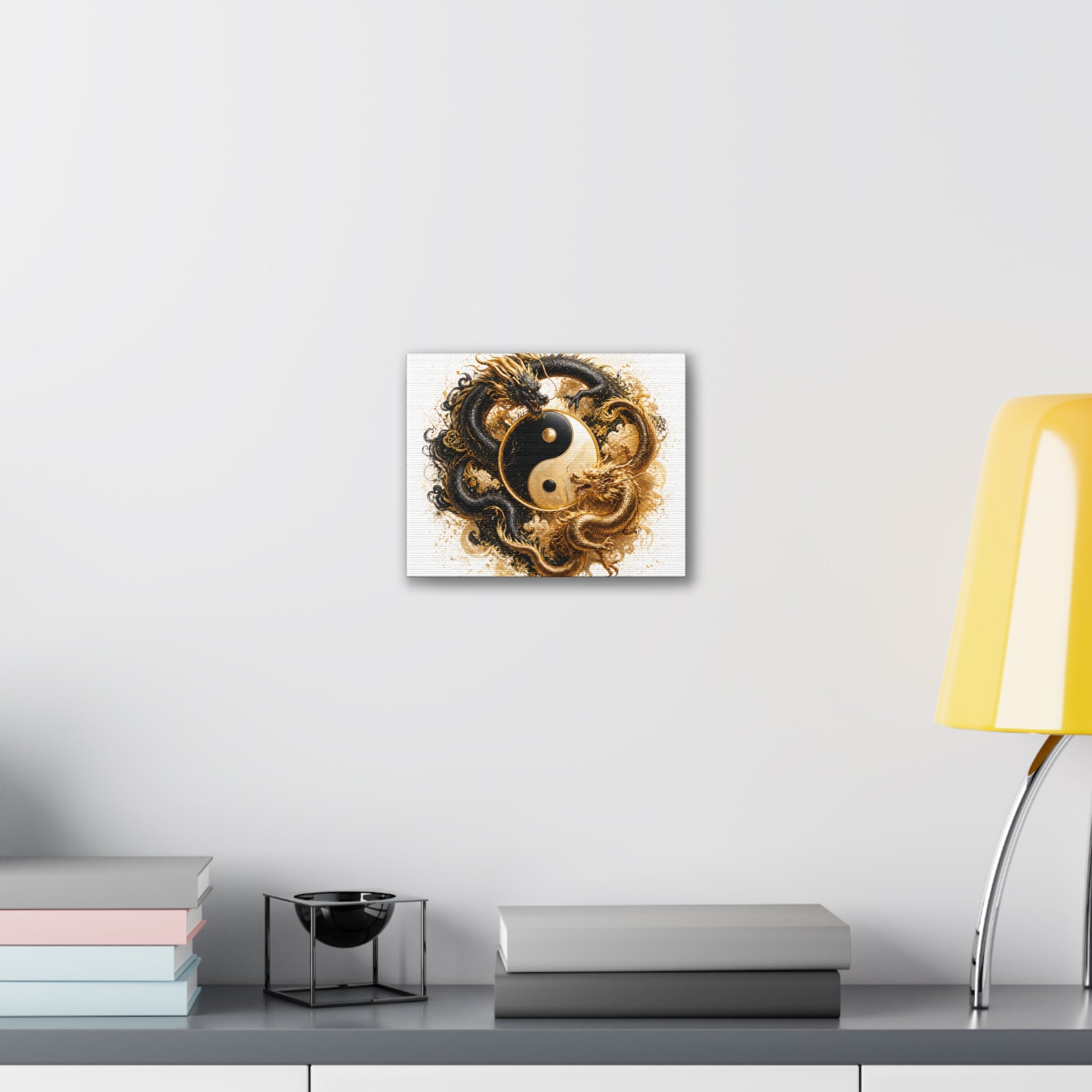 Yin Yang Dragons Canvas Wall Art — Gold & Black Chinese Dragon Print