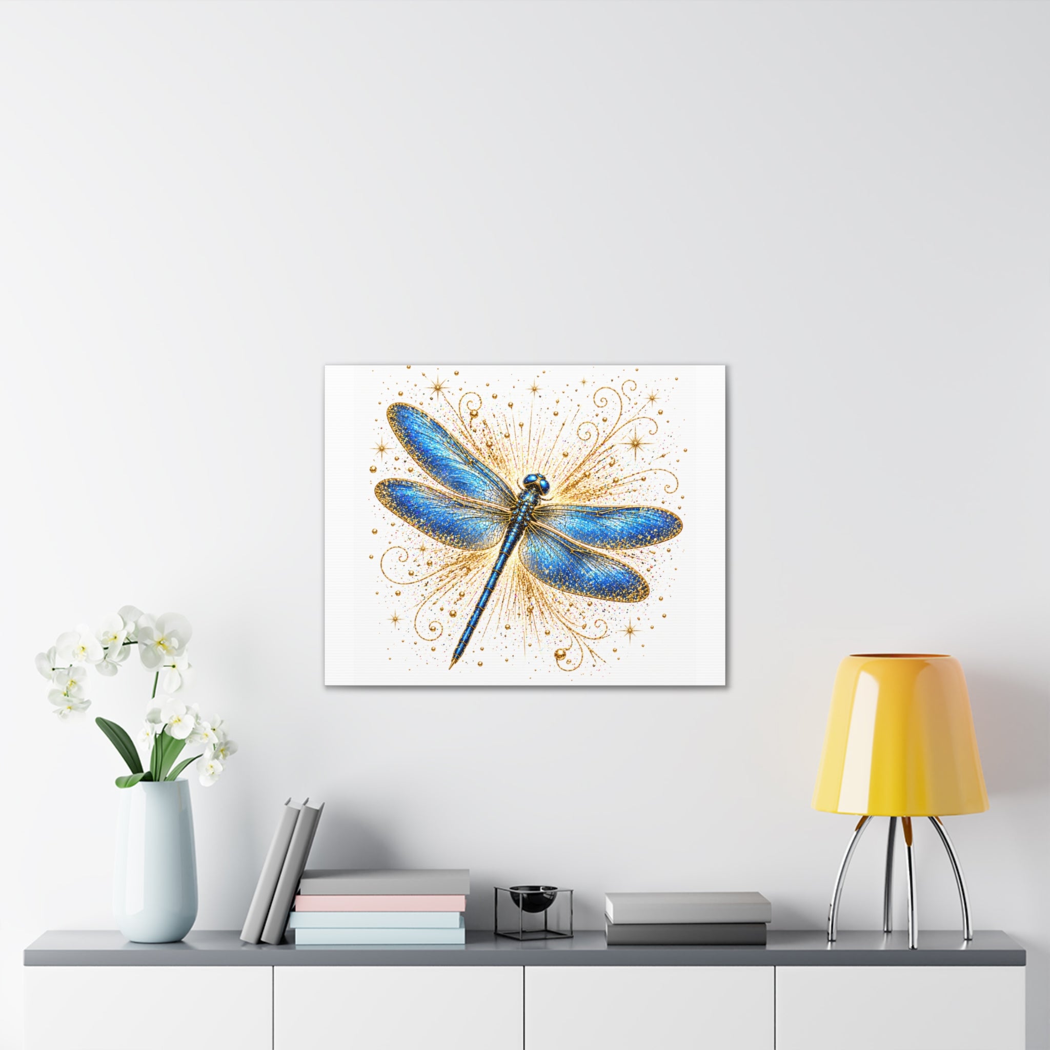 Blue Dragonfly Canvas Wall Art - Sparkling Gold Accents, Stretched 0.75"
