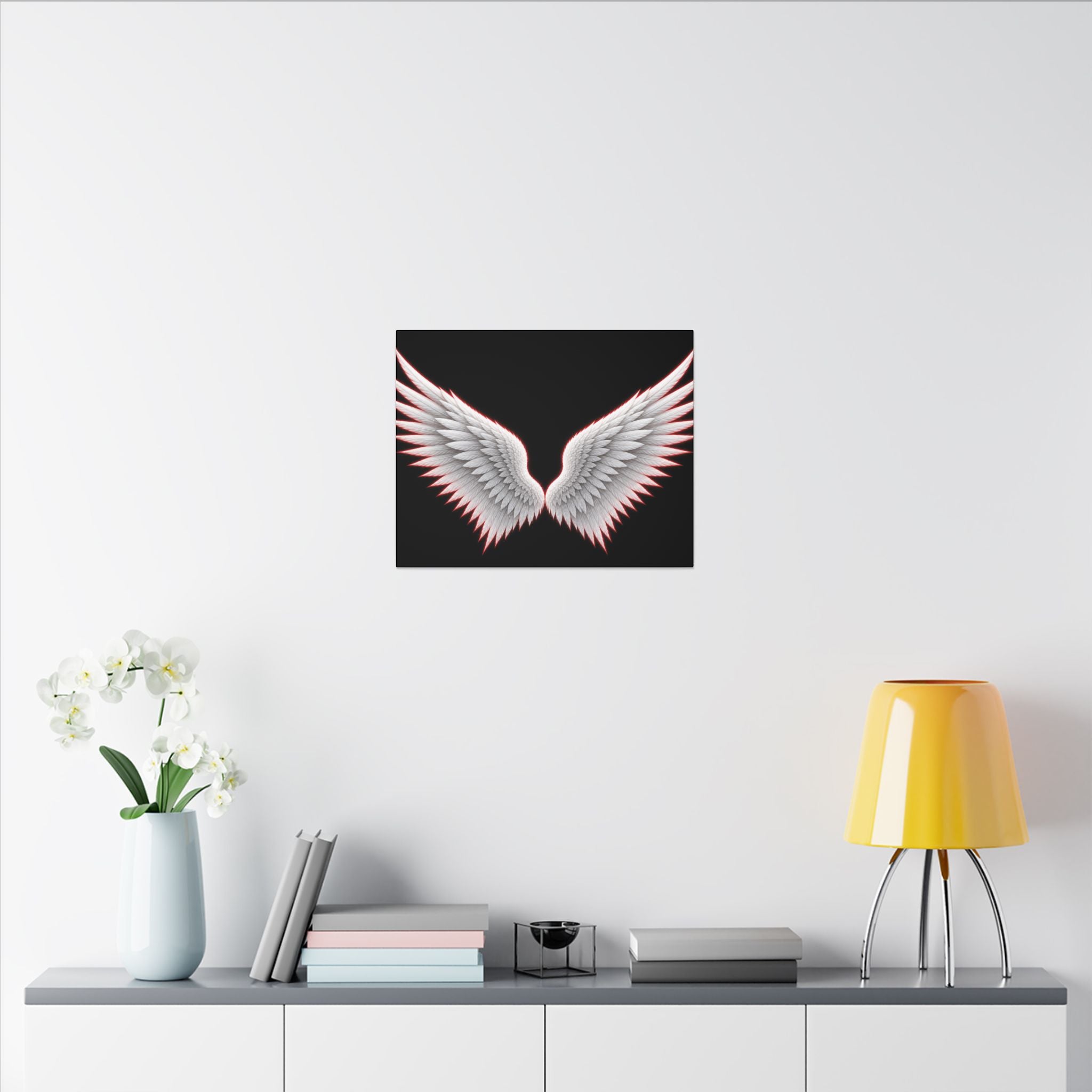 Angel Wings Wall Art Canvas — White Feather Wings on Black Matte Stretched Canvas