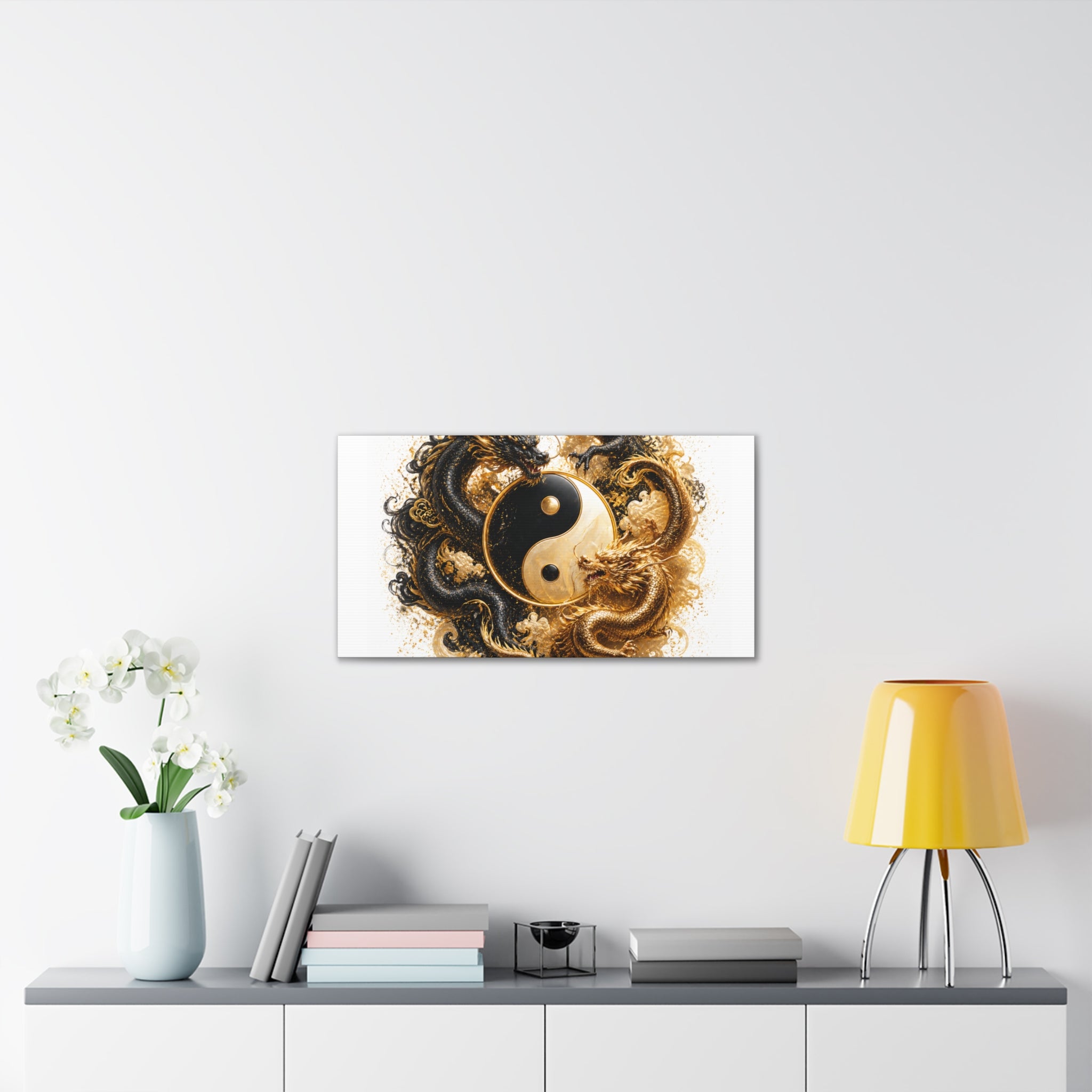 Yin Yang Dragons Canvas Wall Art — Gold & Black Chinese Dragon Print