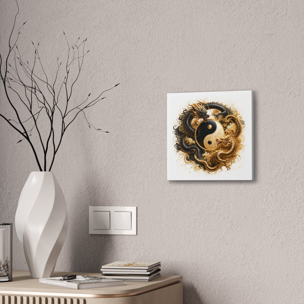 Yin Yang Dragons Canvas Wall Art — Gold & Black Chinese Dragon Print