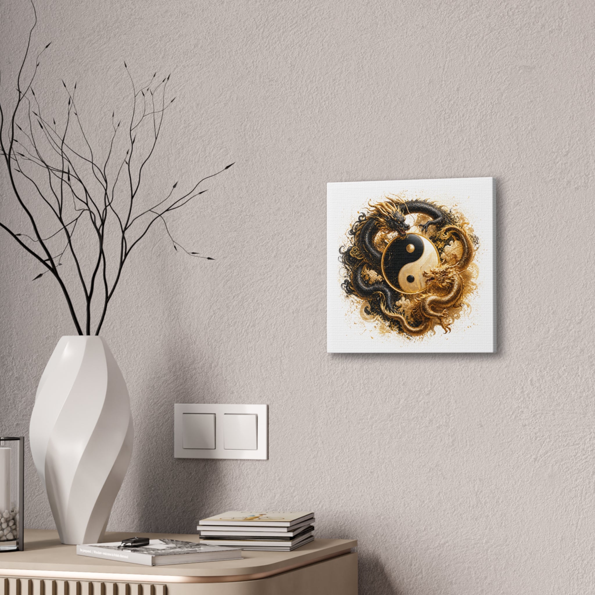 Yin Yang Dragons Canvas Wall Art — Gold & Black Chinese Dragon Print