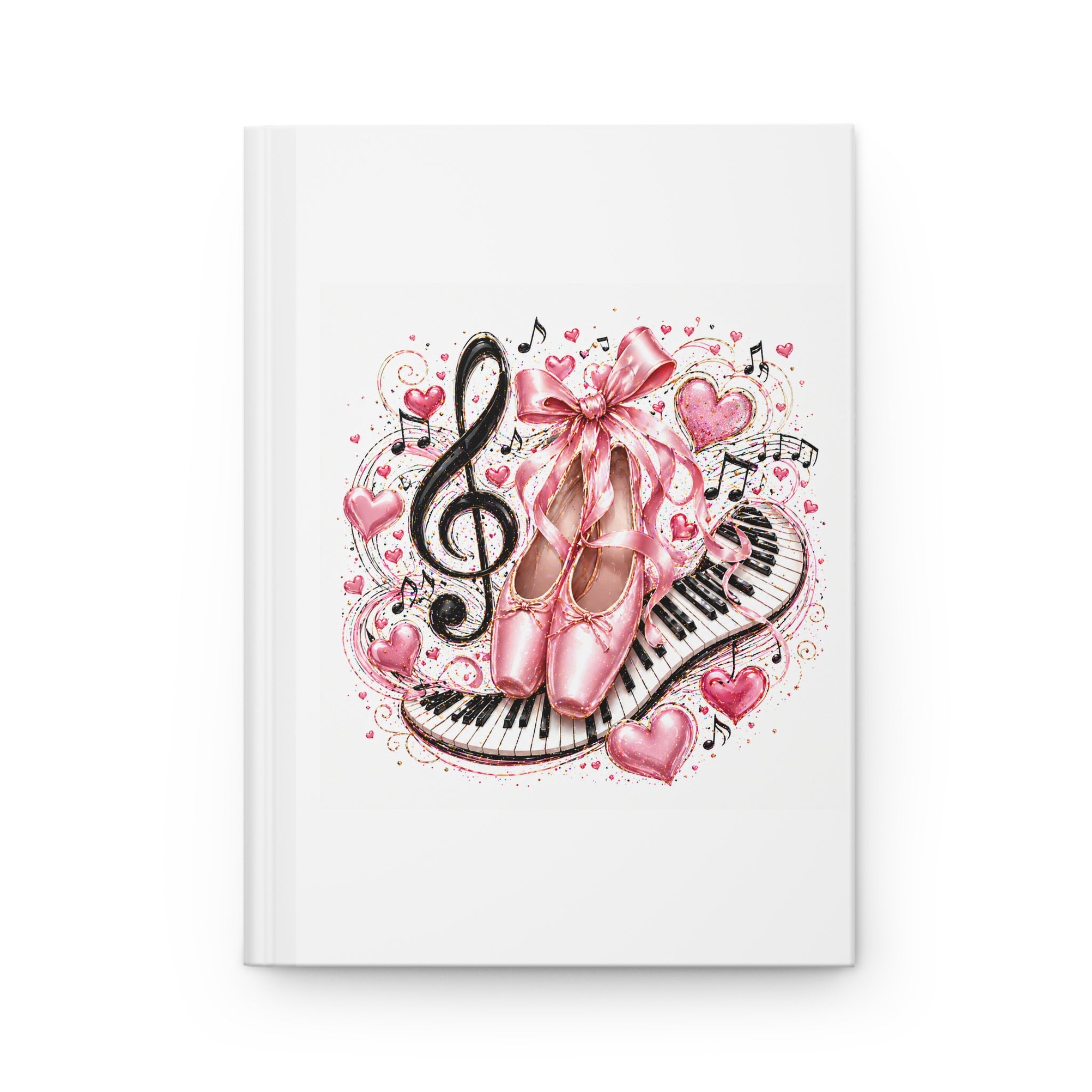 Ballet Music Journal — Pink Pointe Shoes, Treble Clef & Piano Notebook